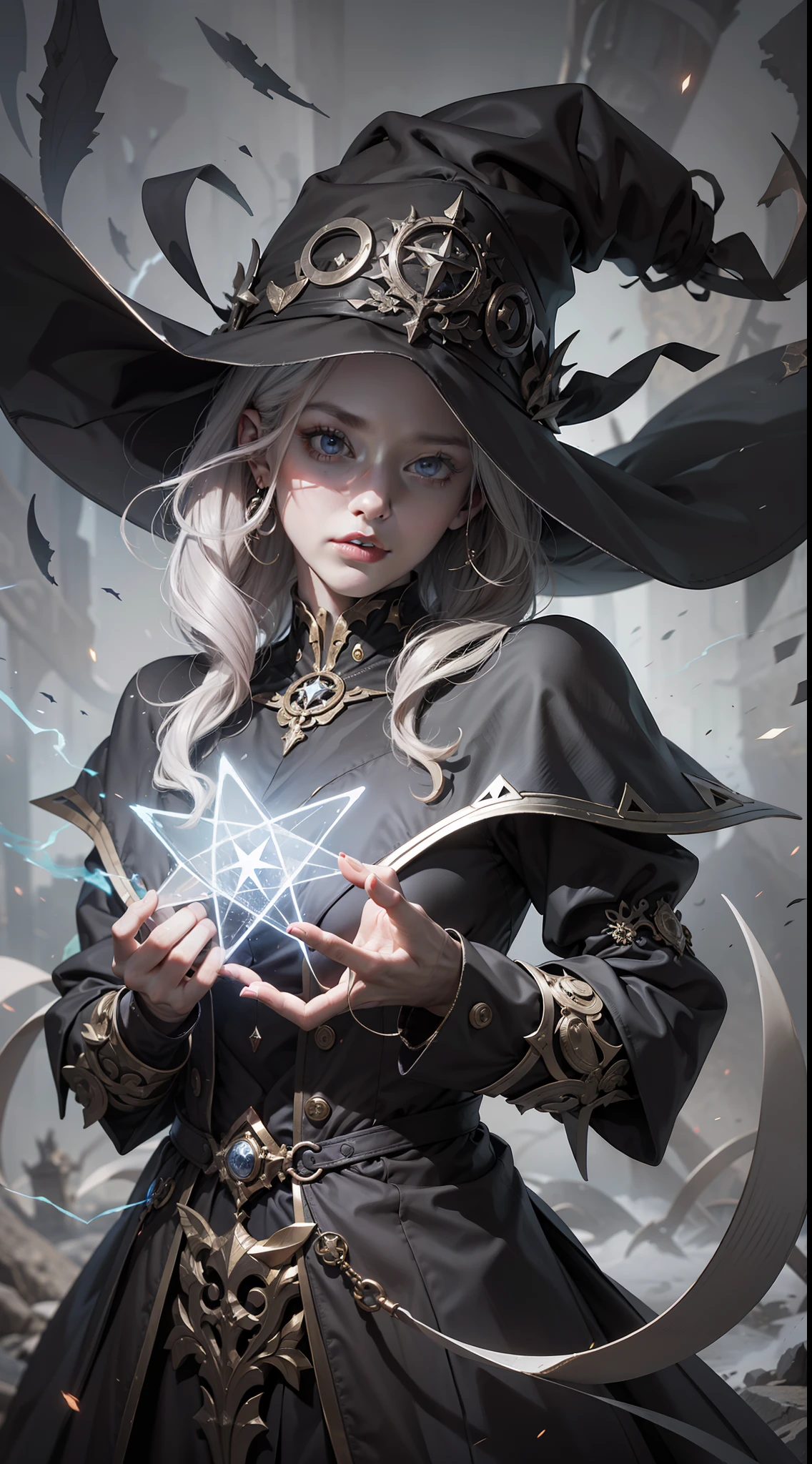 (Very detailed 8K wallpapers), The middle ground of a terrifying necromancer,magic, Bright magic, Pentagram, Magic Circles, sparks, intricated, The highly detailed, dramatic