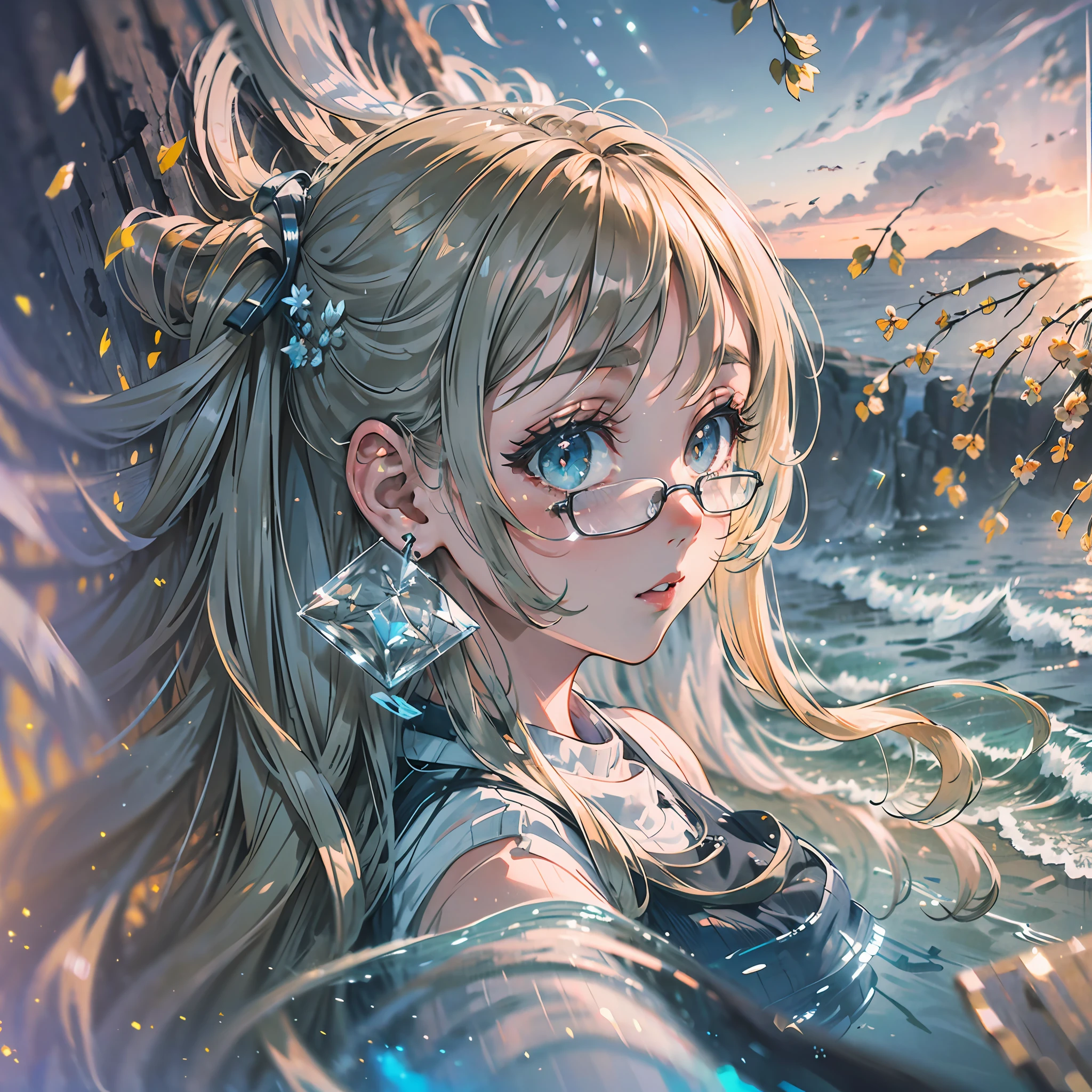 (award winning 64k concept art:1.3) of (young woman looking at the sea from the cliff:1.3), close to camera, sweet, front, epic, (masterpiece:1.4), (best quality:1.4), Amazing, beautiful, finely detailed, (Depth of field:1.4), extremely detailed 64k, fine art, stunning, (light reflections:1), (crisp:1.6), twin tails, vibrant, (edge detection:1.4), absurdres, impressive, 120mm, clear, lens flare, wide shot, wide angle, dreamy, colorful