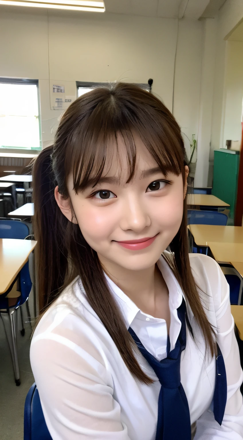 Very detailed 8k wallpaper)、sharp-focus、in detail、drama、Delicate and beautiful schoolgirl、17 yr old、Sheer white shirt、necktie、Dark blue pleated micro mini、light brown-hair、Smooth pigtails、hair ornament、smile on face、Peek at the viewer、Beautiful graphics、Bright school building、Full of students、school room、Show me your whole body、