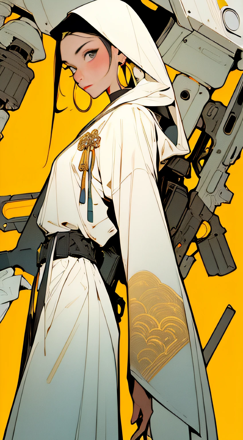 (Masterpiece, Top Quality, Best Quality), ((Cyberpunk Style, Robotic Arm, Hololo, Surreal Science Fiction Art, Future Science Fiction Aesthetics)), (1 Girl Solo), Close Up, (Resolute Eyes), (Ancient Chinese Clothes, White Robe, Embroidered Collar Uesugi, White Big Sleeve Shirt, Streamers), (Hairpin, Long Black Hair, Weapons), (Hanfu), (Clear Facial Features, Detailed Skin Texture, Beautiful Face), White Background, Earrings, Yellow Skin, Standing, (((flat color))),