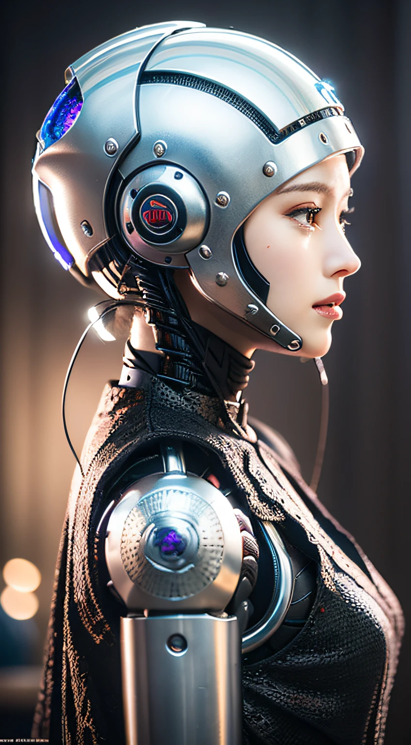 Intricate 3d rendering of highly detailed beautiful ceramic silhouette female robot face, robot, robot part, 150 mm, beautiful studio soft light, rim light, vibrant details, luxurious cyberpunk, lace, surreal, anatomy, facial muscles, cables wires, microchip, elegant, beautiful background, octane rendering, HR Giger style, 8k, best quality, masterpiece, illustration, very delicate and beautiful, very detailed, CG, unity, wallpaper , (fidelity, fidelity: 1.37), amazing, fine detail, masterpiece, best quality, official art, very detailed cg unity 8k wallpaper, absurd, unbelievably absurd, robot, silver helmet, full body