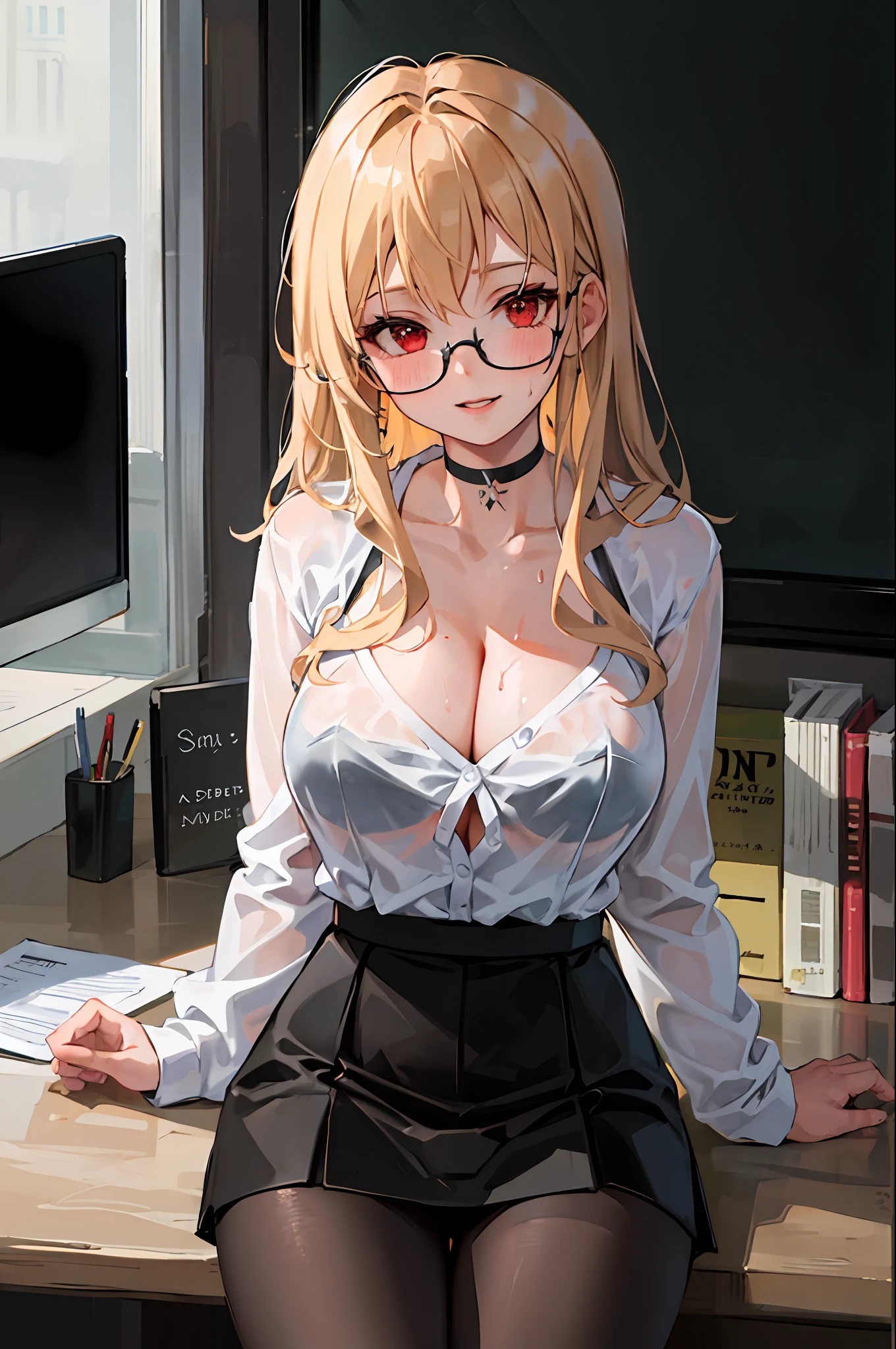 ((masterpiece)), ((best quality)), 1girl, long bangs, black choker, black skirt, blush, choker, cleavage, collarbone, collared shirt, glasses, huge breasts, very long hair, long sleeves, looking at viewer, (office lady,bangs, blonde hair), implacable \(azur lane\), teacher, mature female, parted lips, red eyes, round eyewear, see-through, smile, solo, sweat, white shirt, sitting, clossed legs, panties, pantyhose, cl