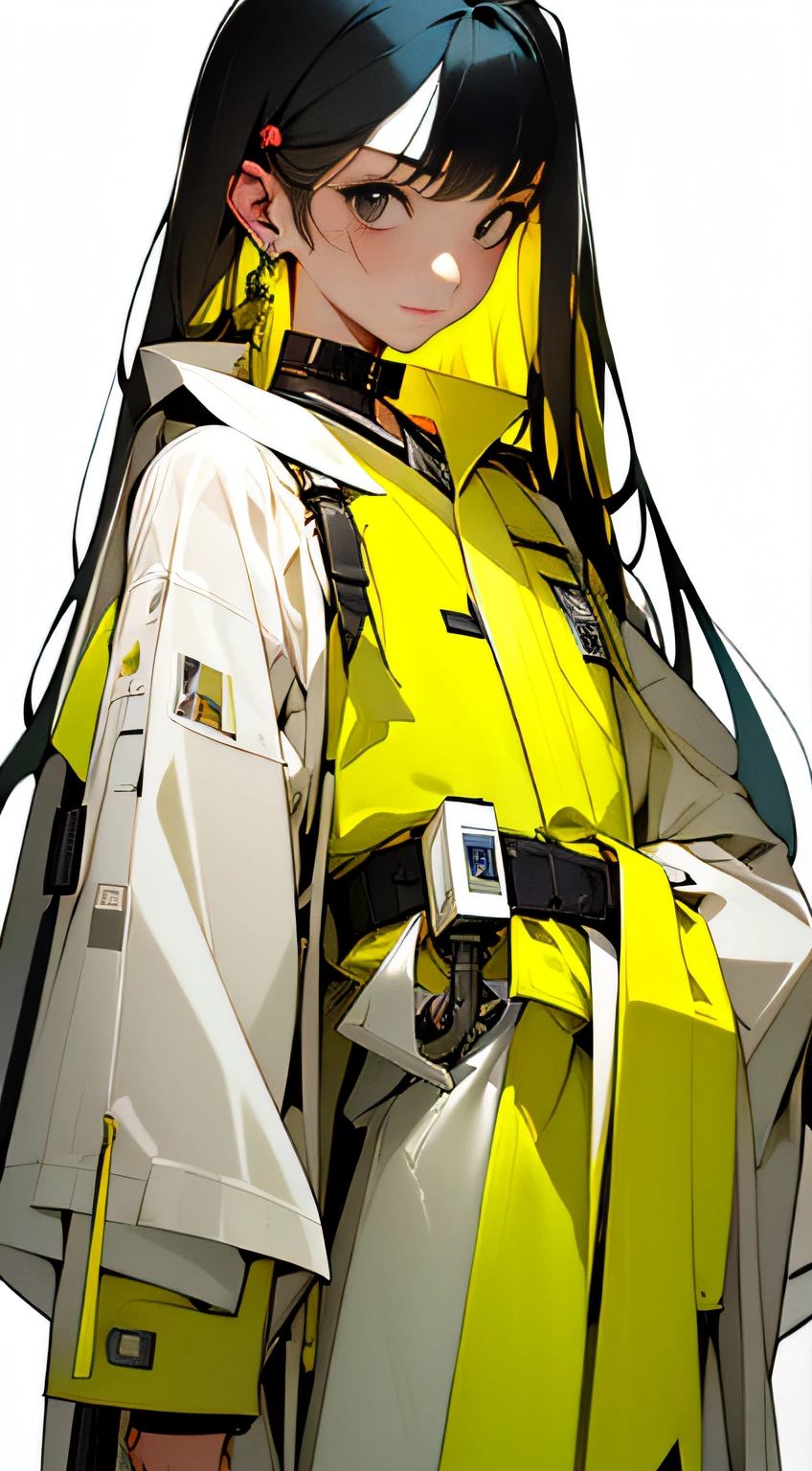 (Masterpiece, Top Quality, Best Quality), ((Cyberpunk Style, Robotic Arm, Hololo, Surreal Science Fiction Art, Future Science Fiction Aesthetics)), (1 Girl Solo), Close Up, (Resolute Eyes), (Ancient Chinese Clothes, White Robe, Embroidered Collar Uesugi, White Big Sleeve Shirt, Streamers), (Hairpin, Long Black Hair, Weapons), (Hanfu), (Clear Facial Features, Detailed Skin Texture, Beautiful Face), White Background, Earrings, Yellow Skin, Standing, (((flat color))),