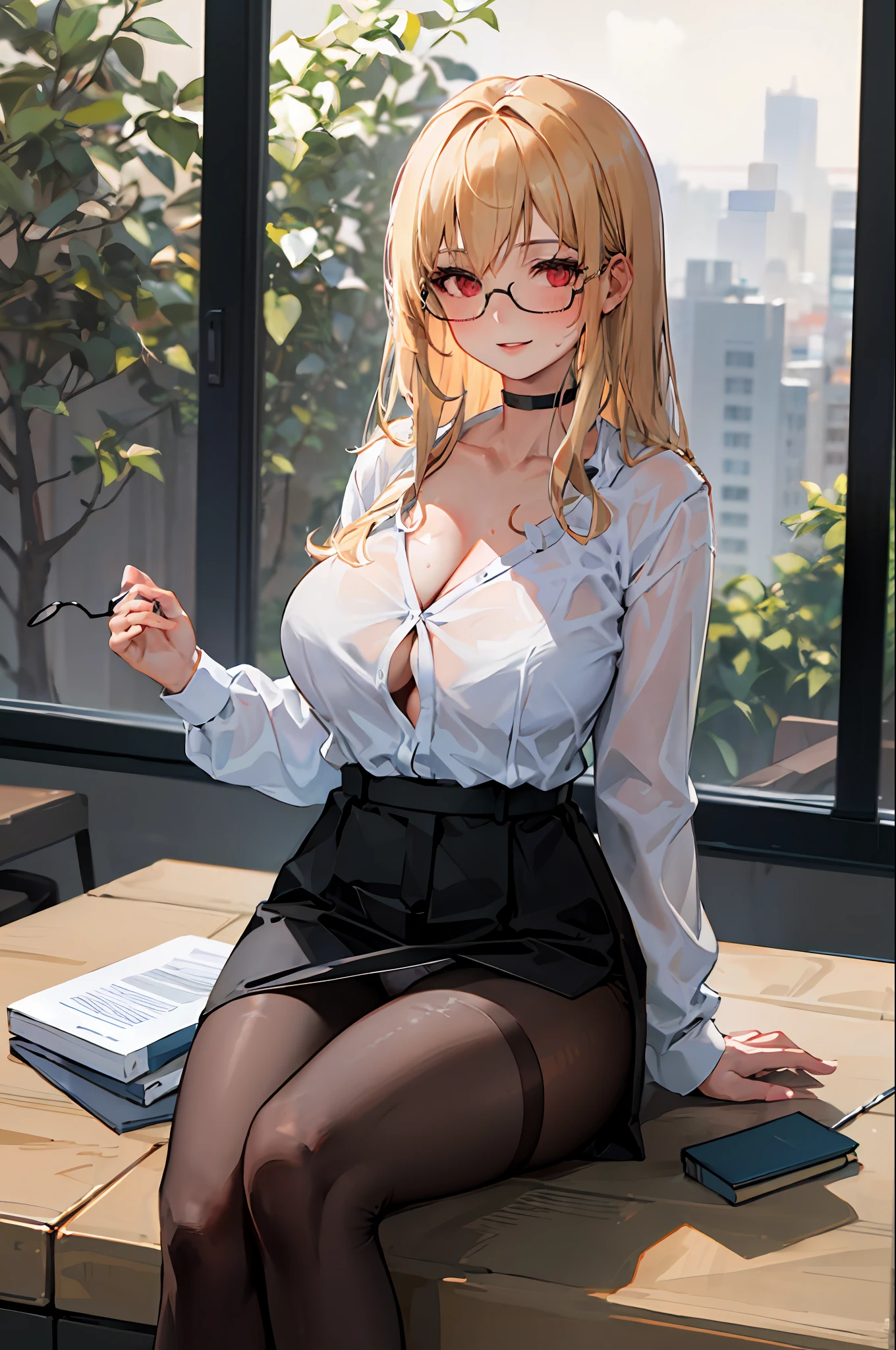 ((masterpiece)), ((best quality)), 1girl, long bangs, black choker, black skirt, blush, choker, cleavage, collarbone, collared shirt, glasses, huge breasts, very long hair, long sleeves, looking at viewer, (office lady,bangs, blonde hair), implacable \(azur lane\), teacher, mature female, parted lips, red eyes, round eyewear, see-through, smile, solo, sweat, white shirt, sitting, clossed legs, panties, pantyhose, cl