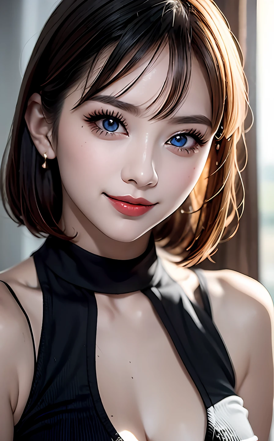 of the best quality,UltraHighResolution,(真实感:1.4),(beautyful girl:1.4),(mediuml breasts:0.8),Looking_au_Os espectadores,Detailed facial details,Beautiful detailed eyes,purple color hair,Blue eyes,Slim,haunting smile,(Makeup:0.3),red-lips,Very meticulous clothes,(ulzang-6500-v1.1:0.3)