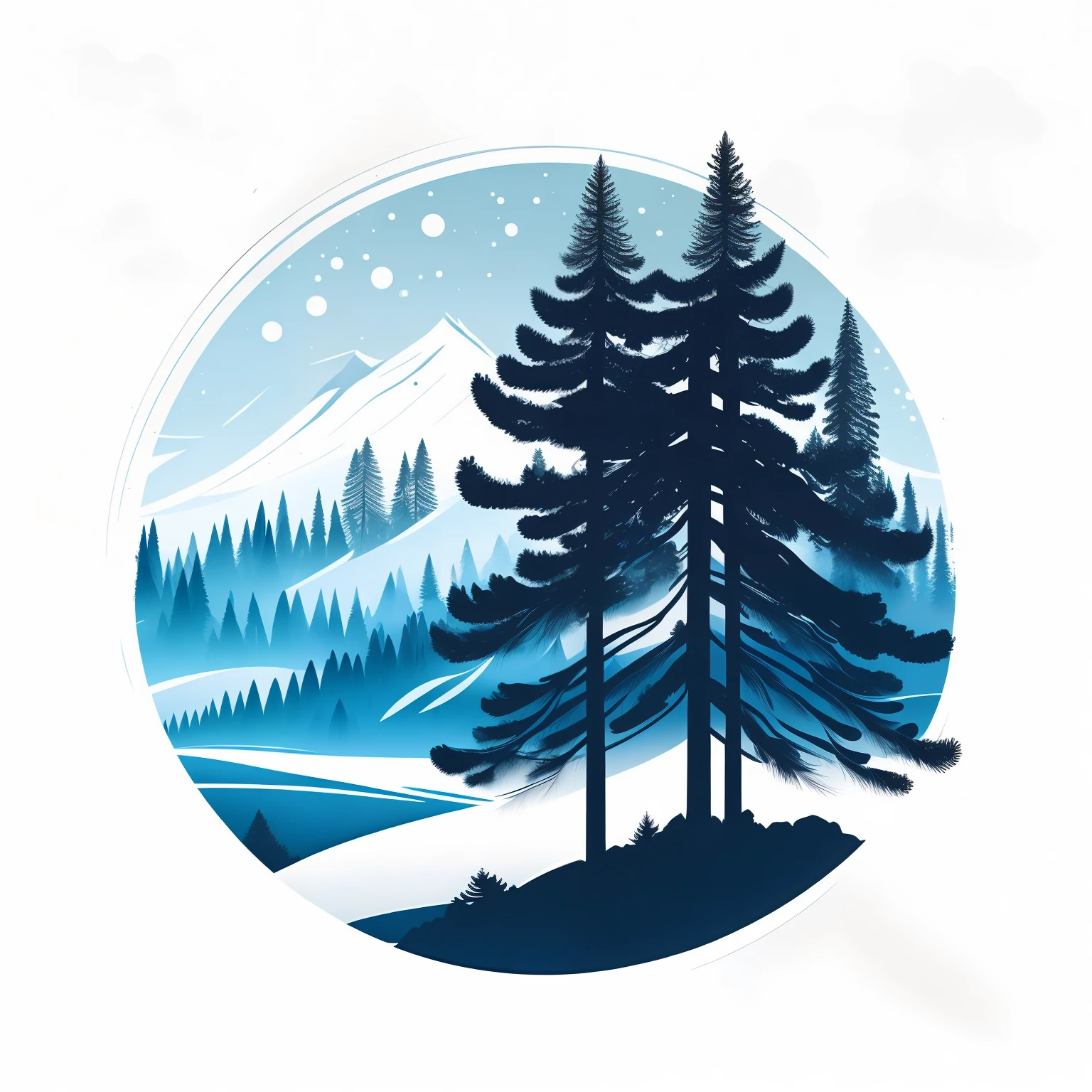 Pine tree in winter landscape, snow, t-shirt design, rzminjourney, vector art, circular silhouette, white background