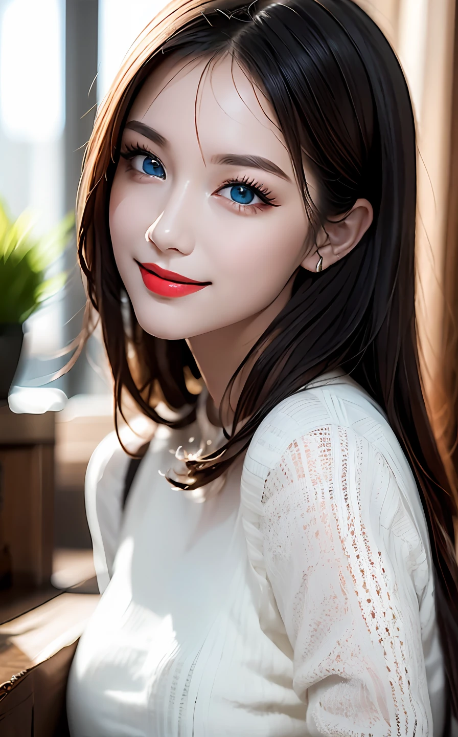 of the best quality，UltraHighResolution，（真实感：1.4），（beautyful girl：1.4），（mediuml breasts：0.8），Looking_au_Os espectadores，Detailed facial details，Beautiful detailed eyes，purple color  hair，Blue eyes，Slim，haunting smile，（Makeup：0.3），red-lips，Very meticulous clothes，（ulzang-6500-v1.1：0.3）