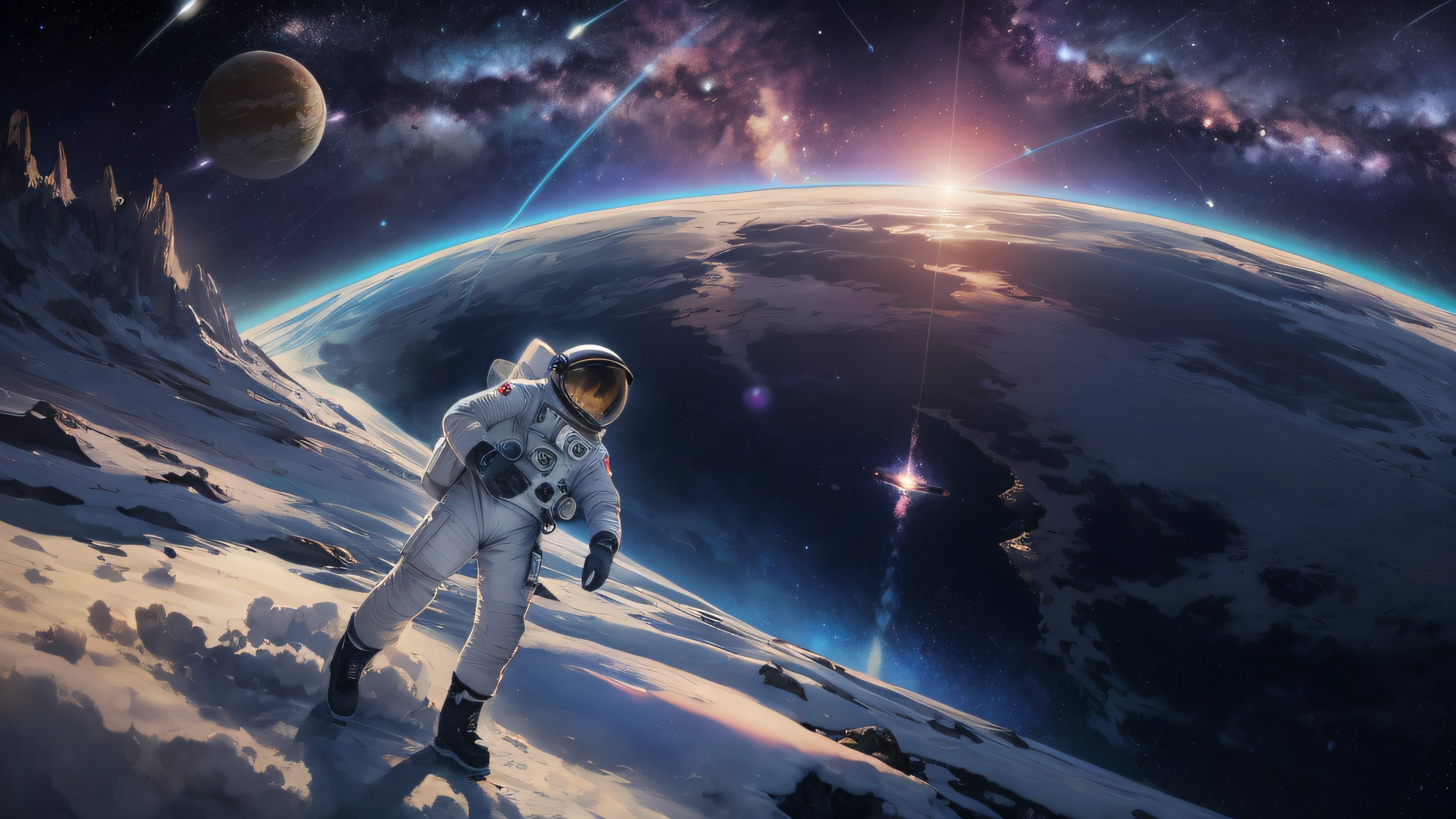 Astronauts in spacesuits stand on snowy surfaces，A planet in the background, astronaut in space, astronaut lost in liminal space, standing in outer space, space walk scene, amazing wallpapers, astronaut stranded on planet, girl in space, astronaut in space, astronaut on the moon, Space travelling, endless cosmos in the background, astronaut floating in space