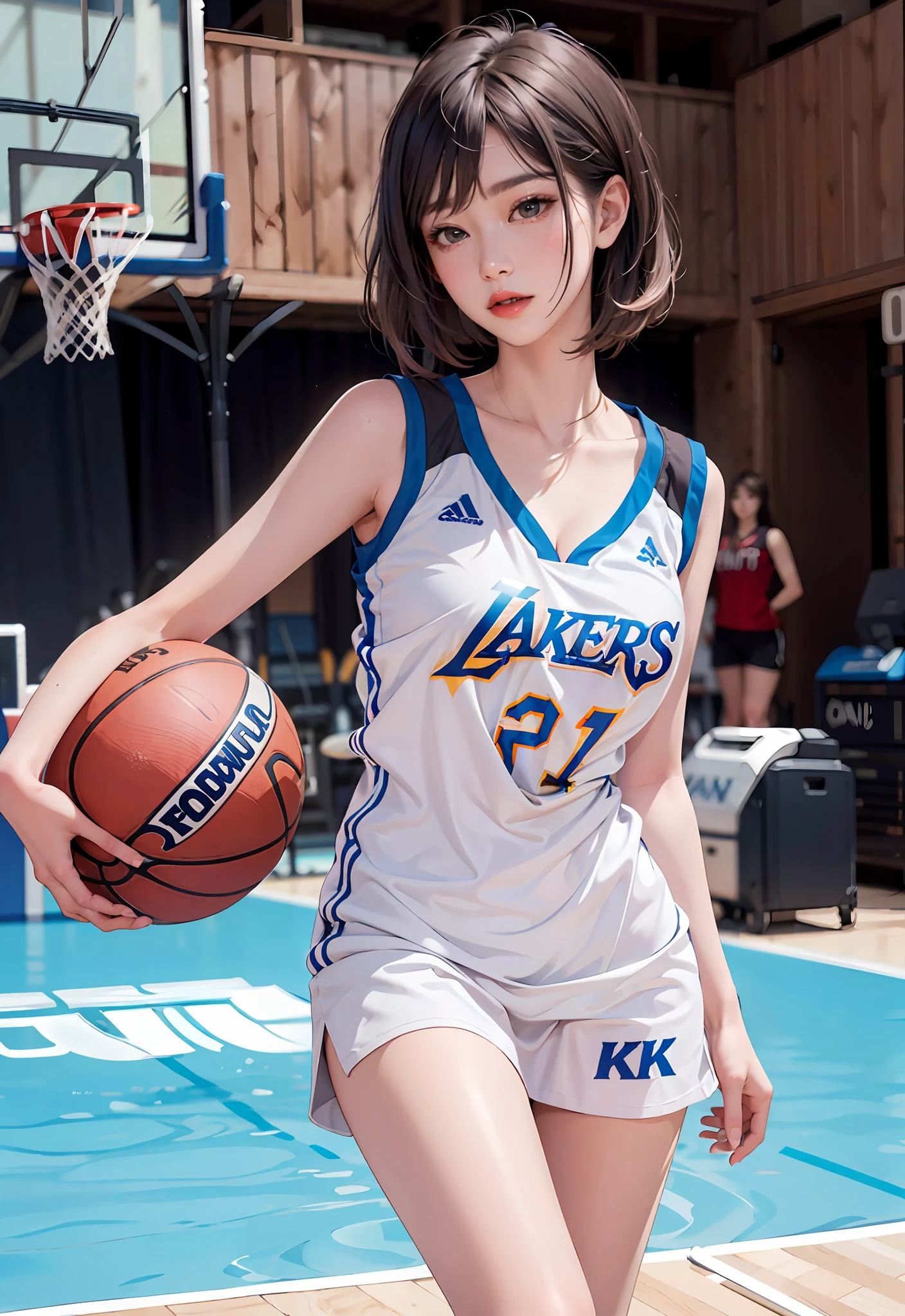 (8k, RAW photo, best quality, masterpiece:1.2), (realistic, photo-realistic:1.4), illustration, highres,hexagon,(1girl), gorgeous, rough skin, (oval face:1.1), professional lighting, photon mapping, radiosity, physically-based rendering, cute,
wear basketball uniform, large breast, ((cleavage)), at  basketball court, pureerosface_v1:0.3