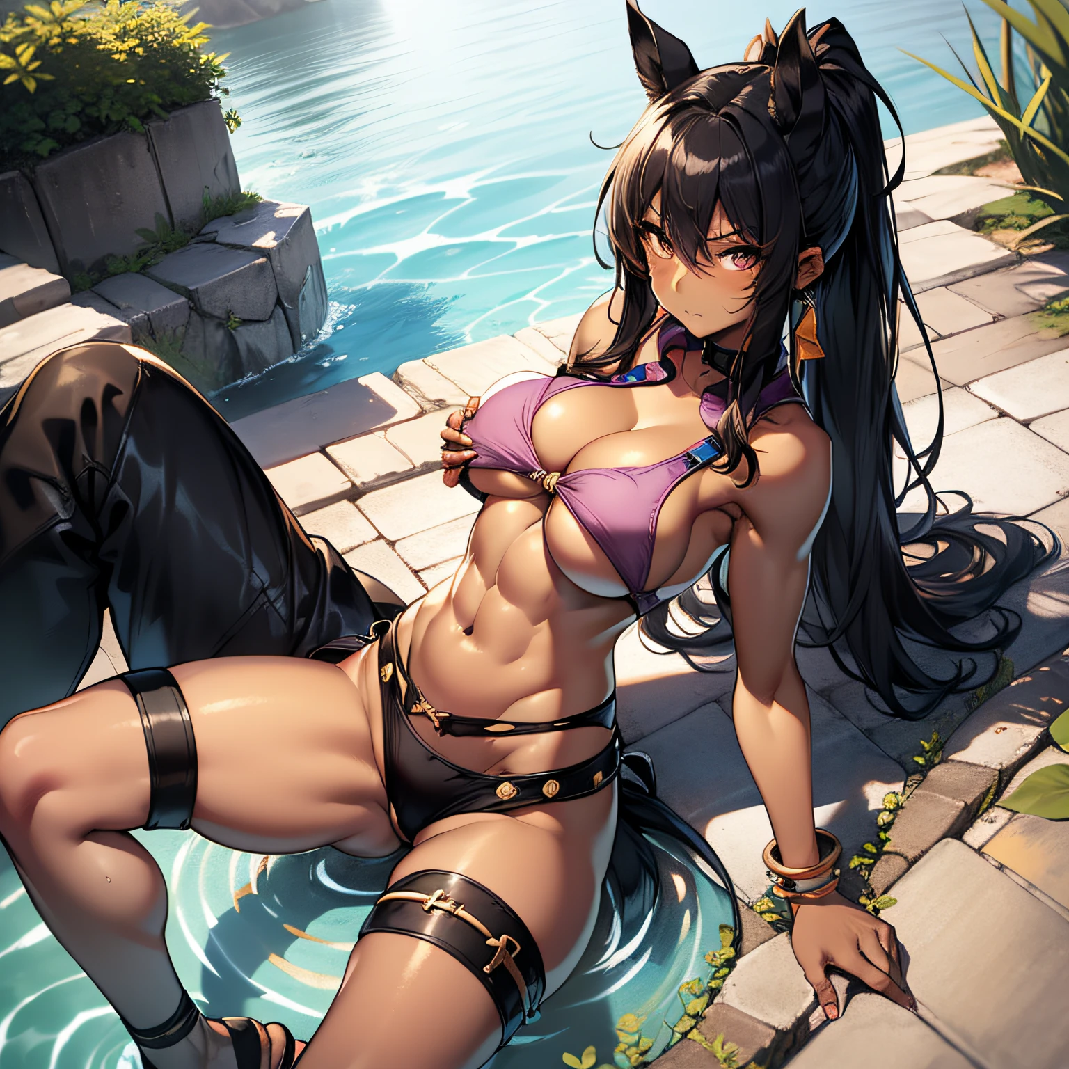 best quality、(1girl:1.1)、nsfw、super detailed skin、Horse ears、pool、30 old year、beautiful face、sister、
looking at viewer、(breast focus)、
bent over、arched back、
Wrap leotard、high-cut、(strapless)、
(round breast:2.2)、(underboob:1.8)、(sideboob:1.8)、(cleavage:1.8)、
(abs:0.3)、(Rectus abdominis muscle:0.5)、((six pack abs:1.2))、、navel、
skin(dark skin:1.7)、stomach、pussy line、gleaming skin、small face、collarbone、
(tall)、(narrow waist:1.7)、 ponytail、flipped hair、black hair、middle hair、long hair、
chokers\(coll\)、ear ring、bras\(bracelet small\)、
Embarrassing look、目\(Fishing eyes\)、Upper eye、
tattoo\(shoulder\)\(chests\)\(lower back\)、narrow waist、
(flat ass)、(hip bones)、(horse\(tail\))、
(thights:0.3)、 ((toes))、(sandals)