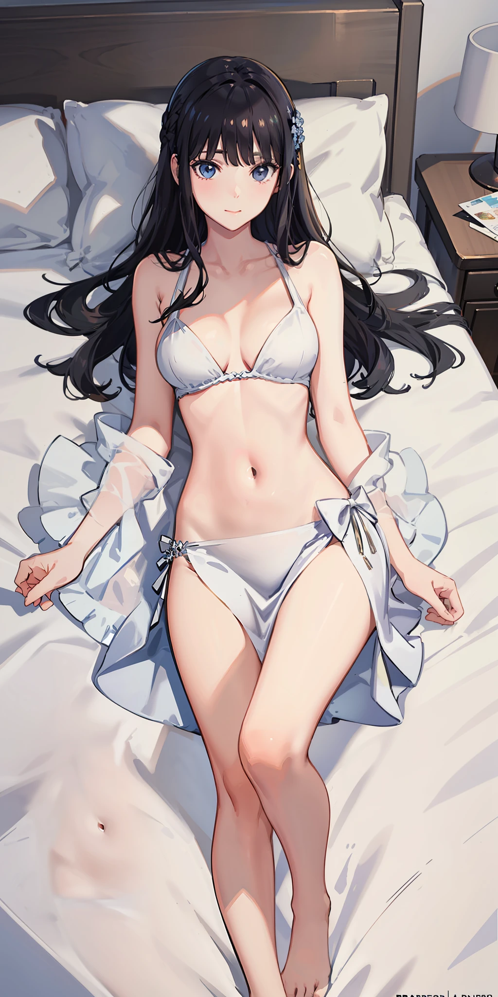 masterpiece, best quality, ultra-detailed, illustration,1girl,
long hair, black hair,
medium breast, white gown, slim legs, navel, nervous, bedroom, laying on bed