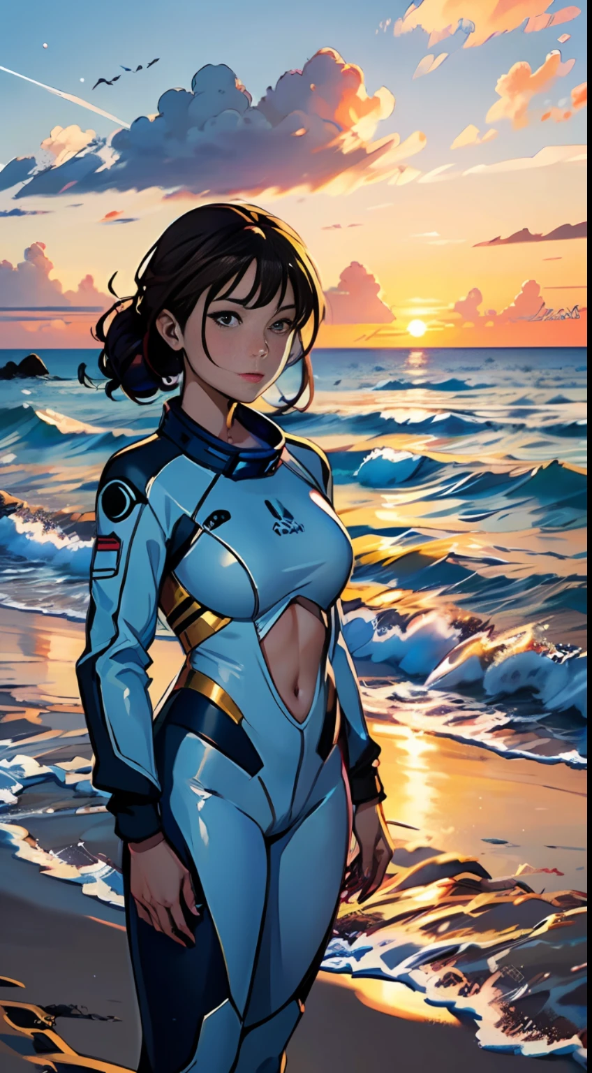 ((woman standing on the beach)), detailed anime face, mid shot, (chrome golden and blue sci-fi space suit), brown hair, (white clouds), sunset, ships far away in ocean