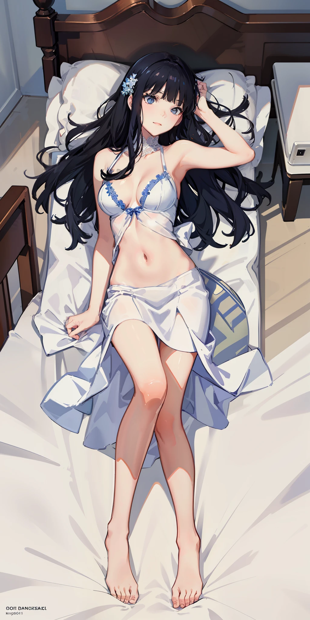 masterpiece, best quality, ultra-detailed, illustration,1girl,
long hair, black hair, 
medium breast,  white gown, slim legs, navel, nervous, bedroom, laying on bed