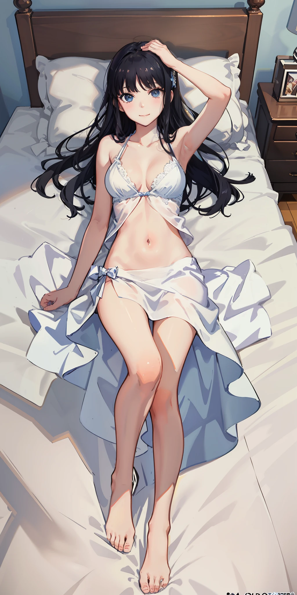masterpiece, best quality, ultra-detailed, illustration,1girl,
long hair, black hair,
medium breast, white gown, slim legs, navel, nervous, bedroom, laying on bed