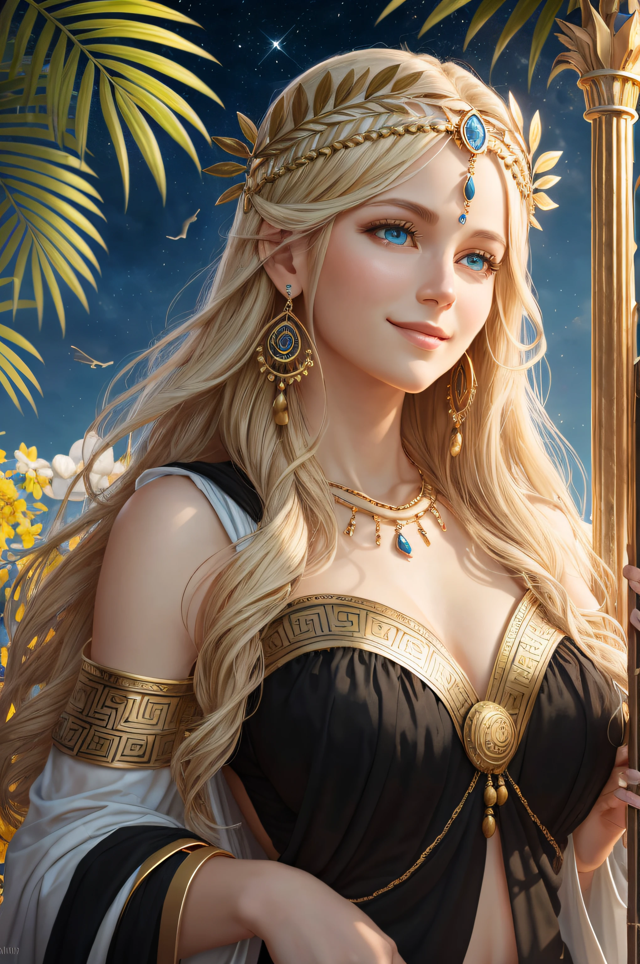 mother goddess of mercy and fertility, with blonde hair and blue eys, is fair-skinned, (looks very mild and gentle), is smiling happily, wears {(long:1.3), loose, (black:1.3), greek toga}, puts on golden circlet, ancient Delos island, palm trees, golden flowers, Greek mythology, celestial and peaceful atmosphere, masterpiece, photorealistic, super high quality, super detail, ultra accurate description of hands, masterpiece, 8K, HDR