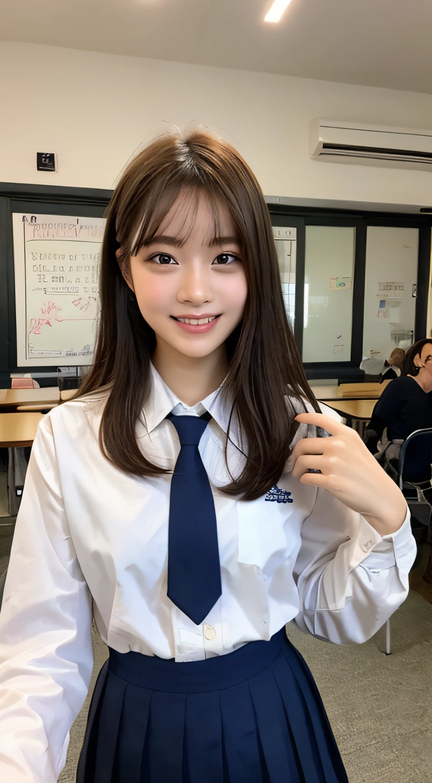 Very detailed 8k wallpaper)、sharp-focus、in detail、drama、Delicate and beautiful schoolgirl、17 yr old、Sheer white shirt、necktie、Dark blue pleated micro mini、light brown-hair、hair ornament、smile on face、Peek at the viewer、Beautiful graphics、Bright school building、Full of students、school room、Show me your whole body、