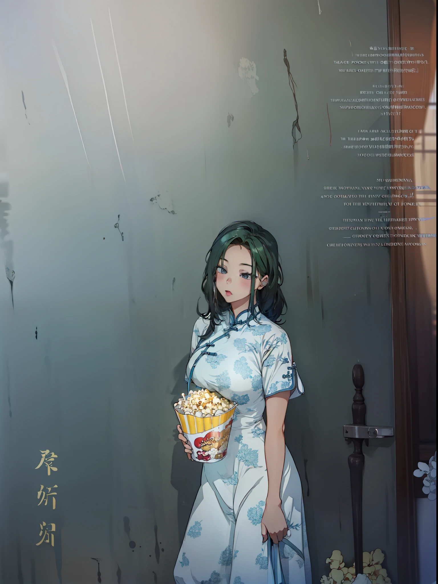 1girly，Green cheongsam，cinema，popcorn，large tits