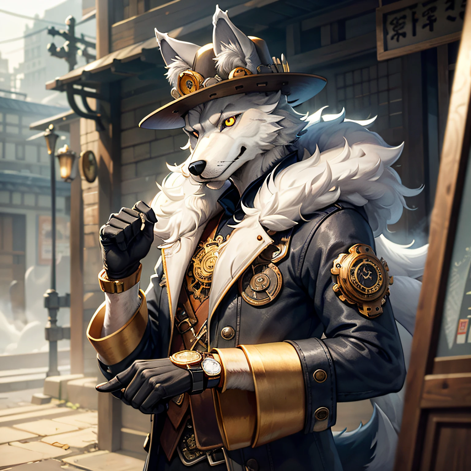 steam-punk、Solo, furry, Furry wolf, canine, , gray fur, gray ears, Golden Eyes, , haori, hat,watch、Mechanical devices