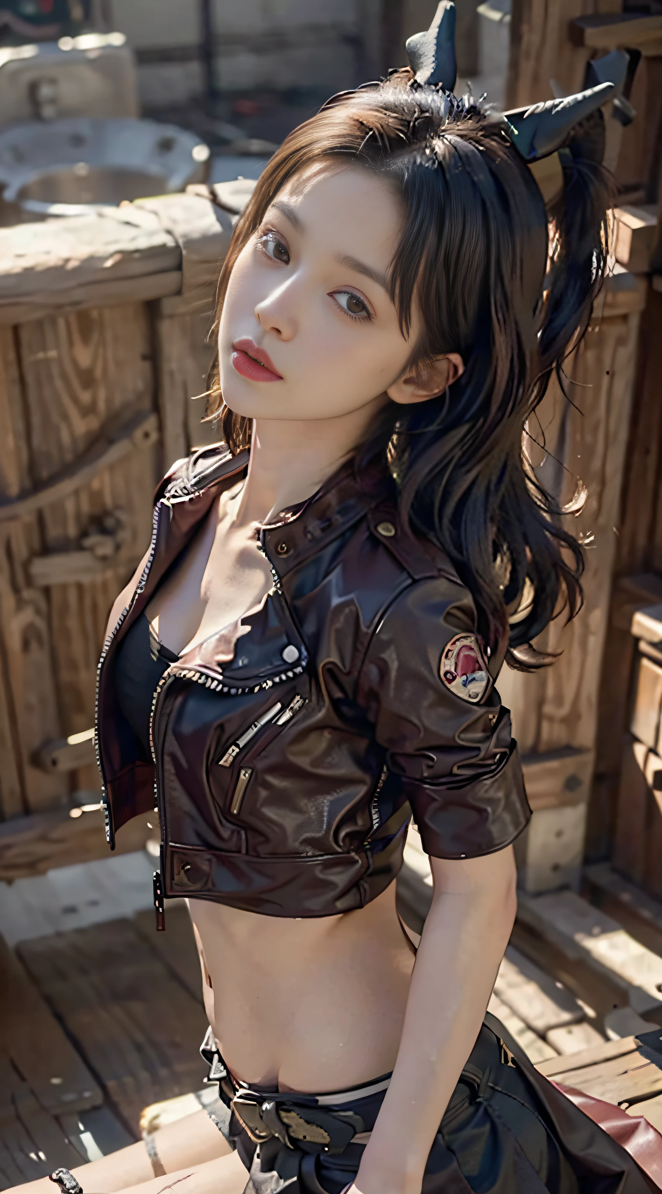 Haut du corps， （From directly above）Detailed skin，8K masterpiece，cinematic lighting，Burgundy，CE leather jacket，Luxury brand of the same model，Lambskin，