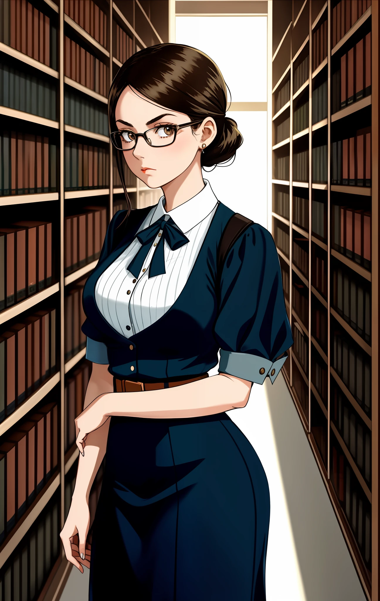 28 year old female, wearing 1940s clothing, librarian, in a library, wearing glasses, serious face, tied hair, wearing pulp