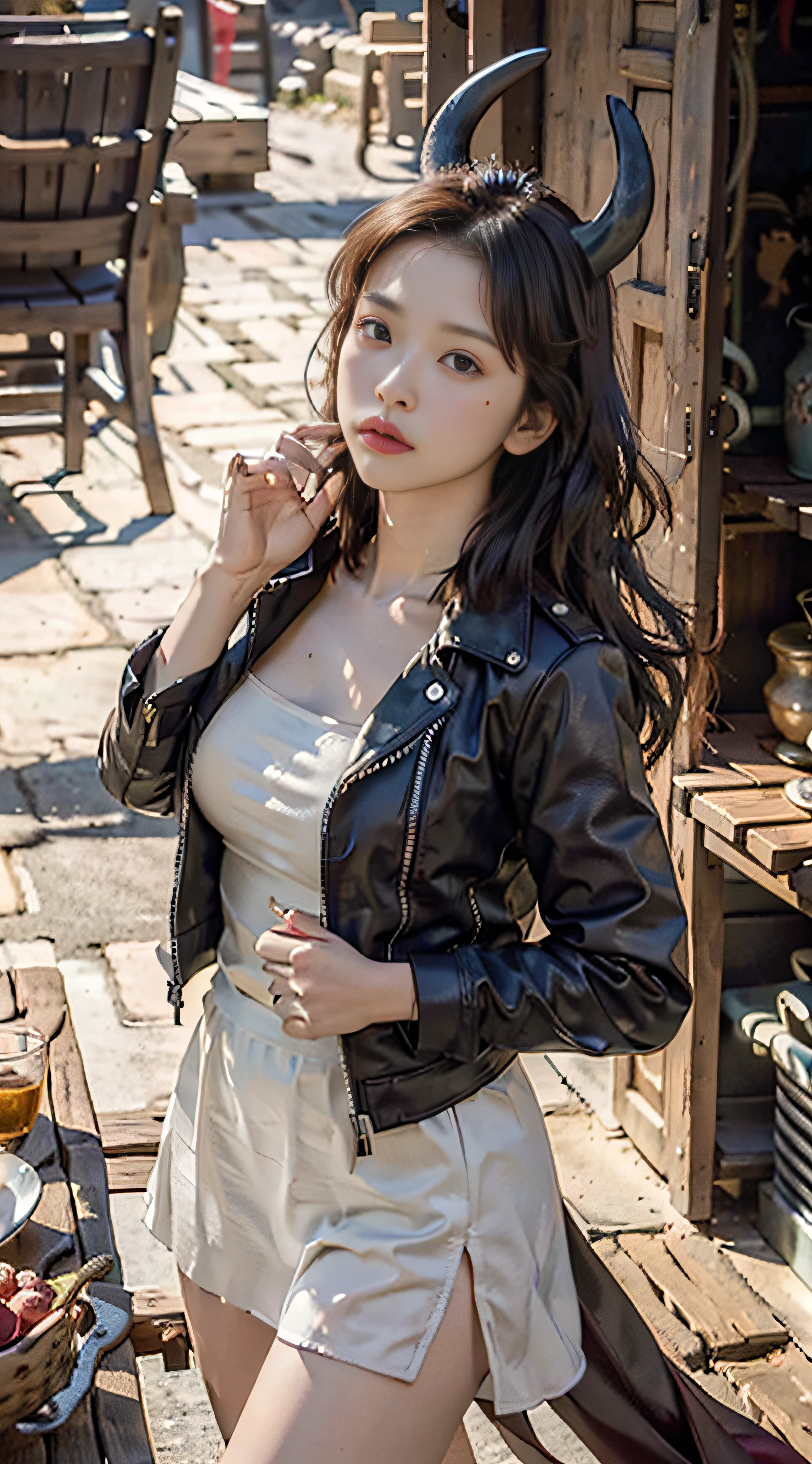 Haut du corps, (From directly above)Detailed skin,8K masterpiece,cinematic lighting,Burgundy,CE leather jacket,Luxury brand of the same model,Lambskin,