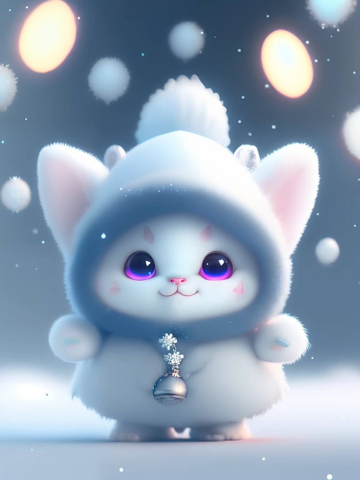 an adorable kitten+Snow-white furry，Big bright eyes，A sweet smile，A sweet smile，zhangzui！！！，Dress up as a fashion model，Stylish suit with blue crystal texture，Hats and handbags，Snow white fluffy，Big bright eyes，Big bright eyes，to stand，Fluffy tail，Winter rises，The snow flutters gently，Extremely detailed 3D animation renders symmetrical center position， Super realistic， super detaill， posh， 3， cinematiclight， Ultra-sharp details， Ultra-transparent material， Close up of， complex texture， octane rendered， zbrush， 8K， Ultra-realistic UREAL