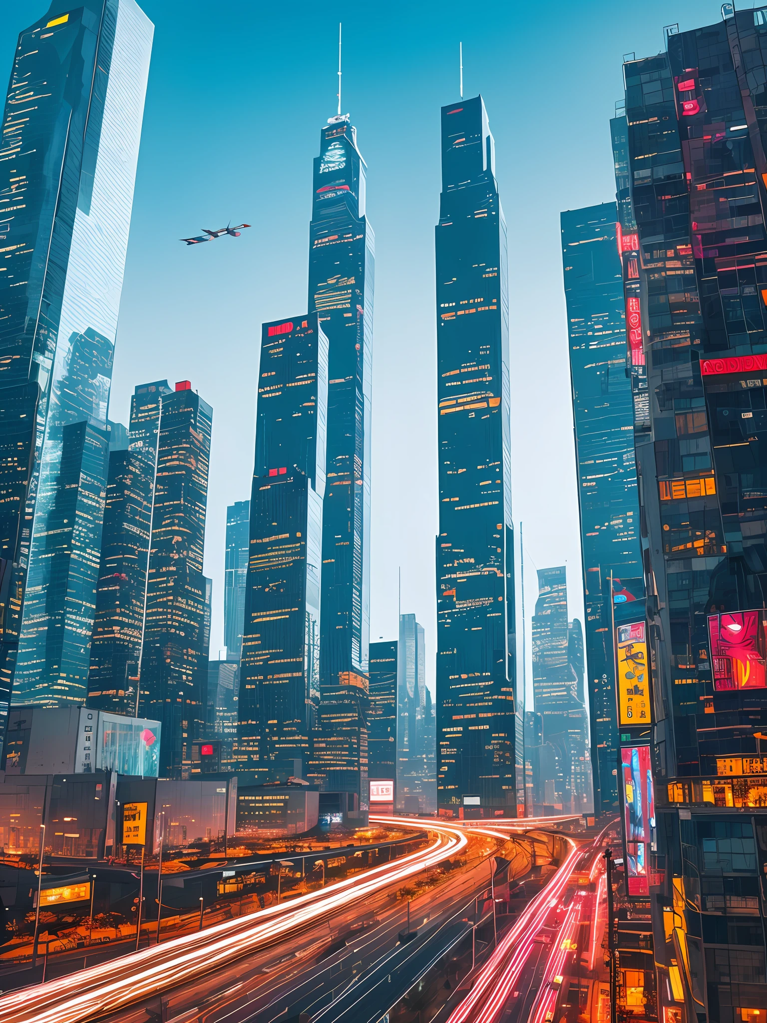 A city lined with skyscrapers
Flying cars and self-driving buses
Robots and Androids
Cyberpunk atmosphere
Futuristic fashion
Latest Technology
