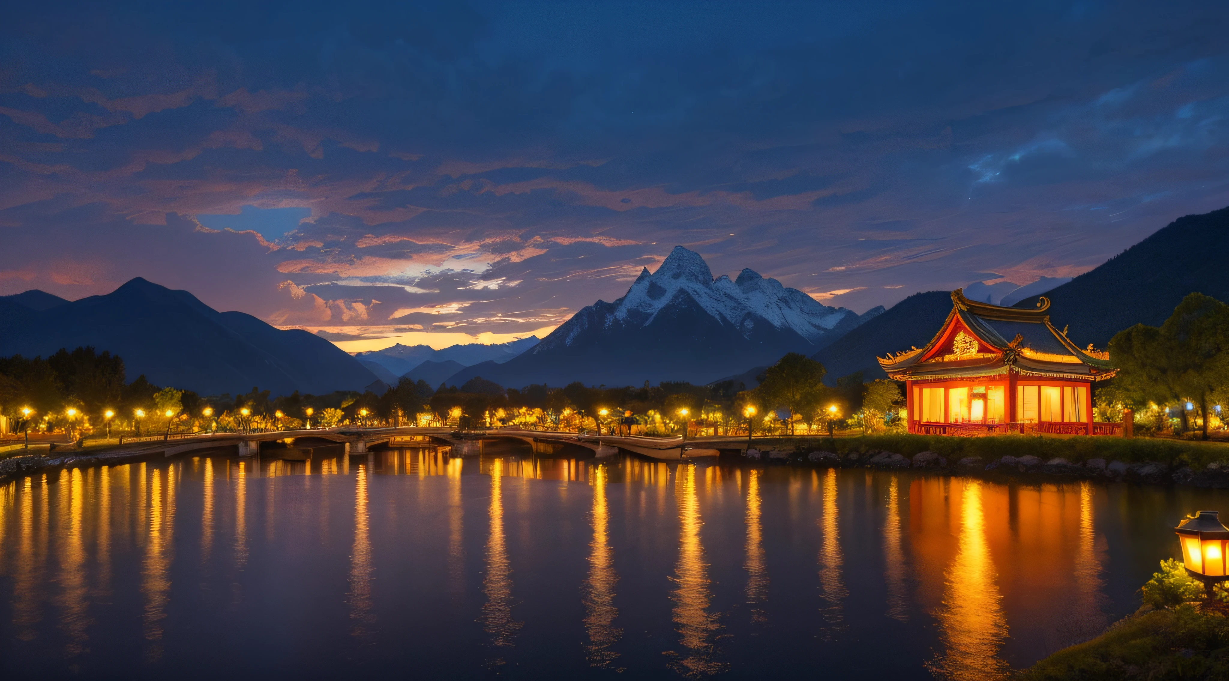 Chinese architecture, (Lantern Festival), Chinese Dragon, night, Lights, wisteria, Mountains and rivers, Clouds (The highly detailed: 1.2), fine details.