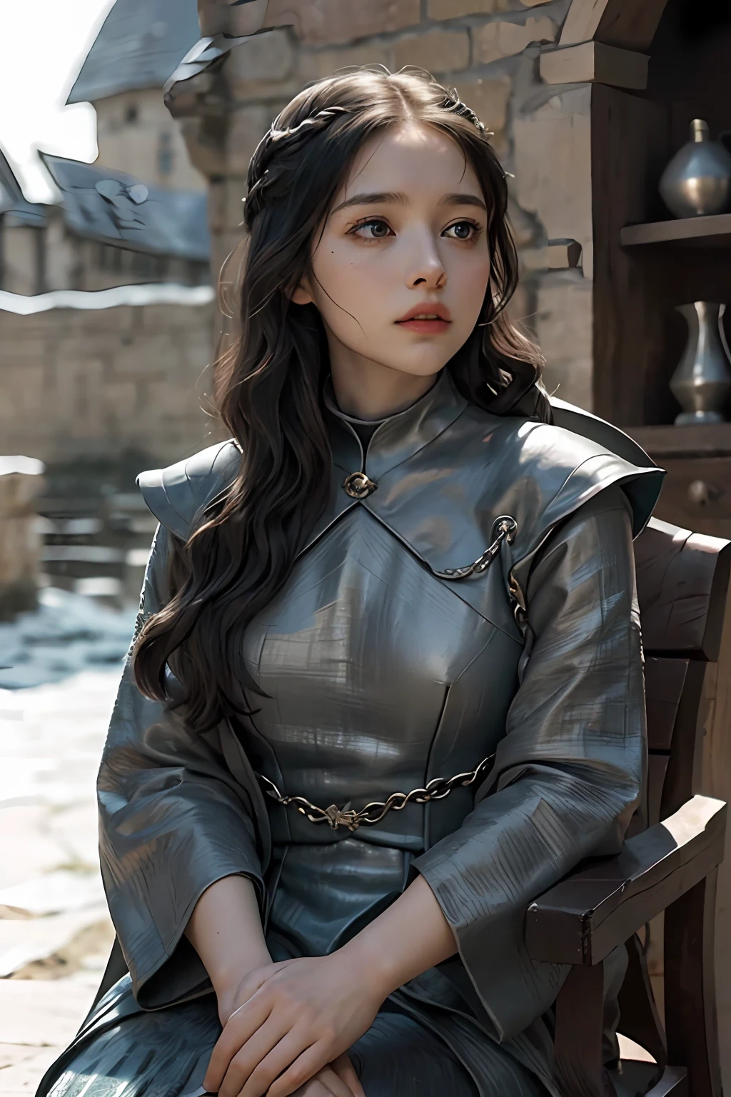 a young woman with black hair, style game of thrones, pixie hair, medieval