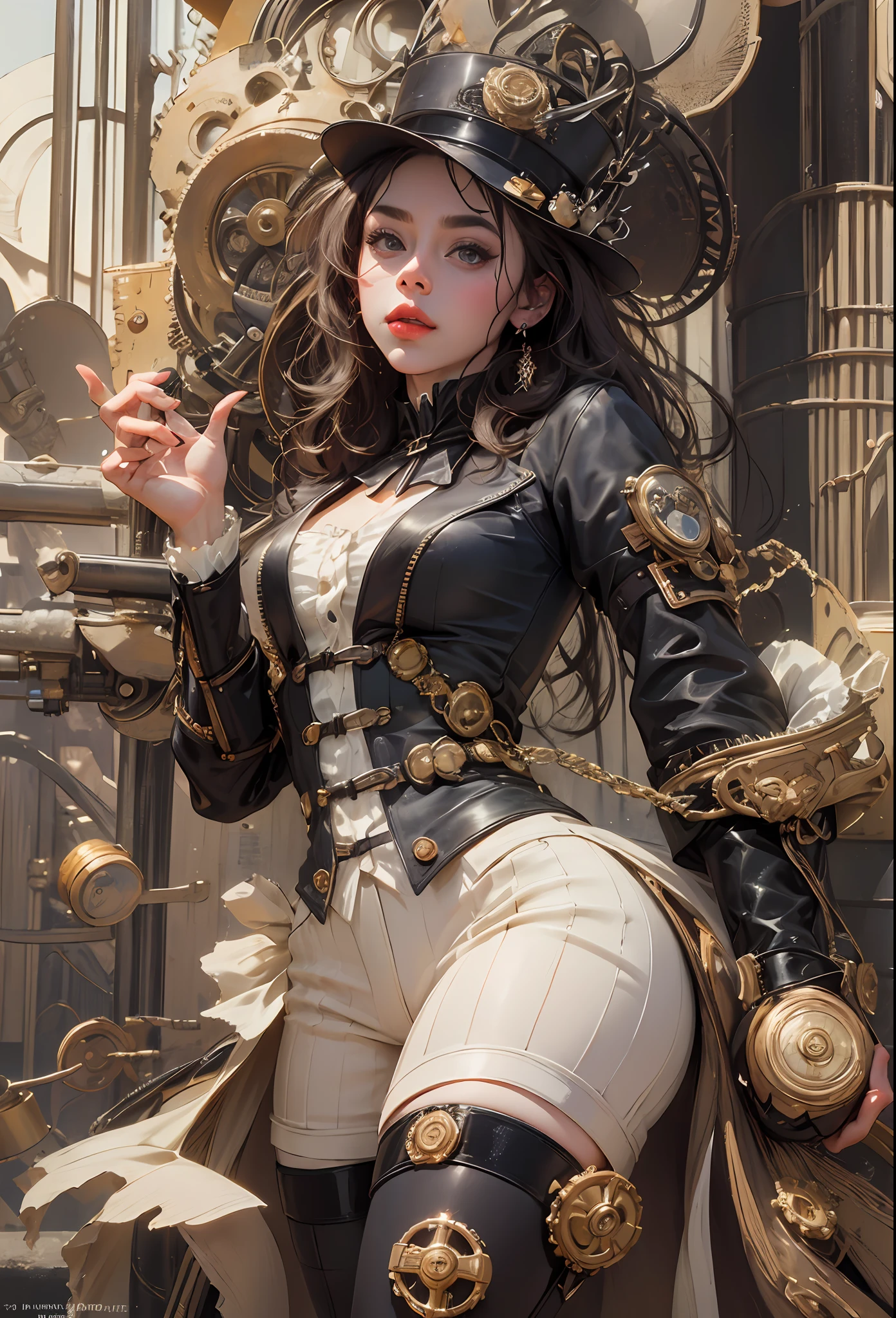 Award-winning shot of a cute steampunk Miley Cyrus wearing a stylish steampunk outfit in a New York street, victorian Age dressing, intricated steampunk top hat, cinematic, natural light