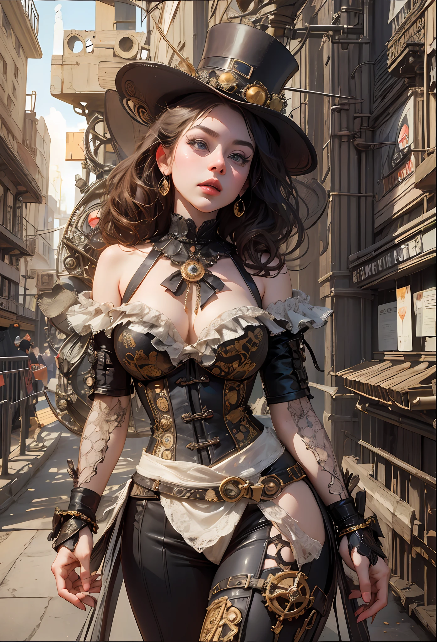 Award-winning shot of a cute steampunk Miley Cyrus wearing a stylish steampunk outfit in a New York street, victorian Age dressing, intricated steampunk top hat, cinematic, natural light