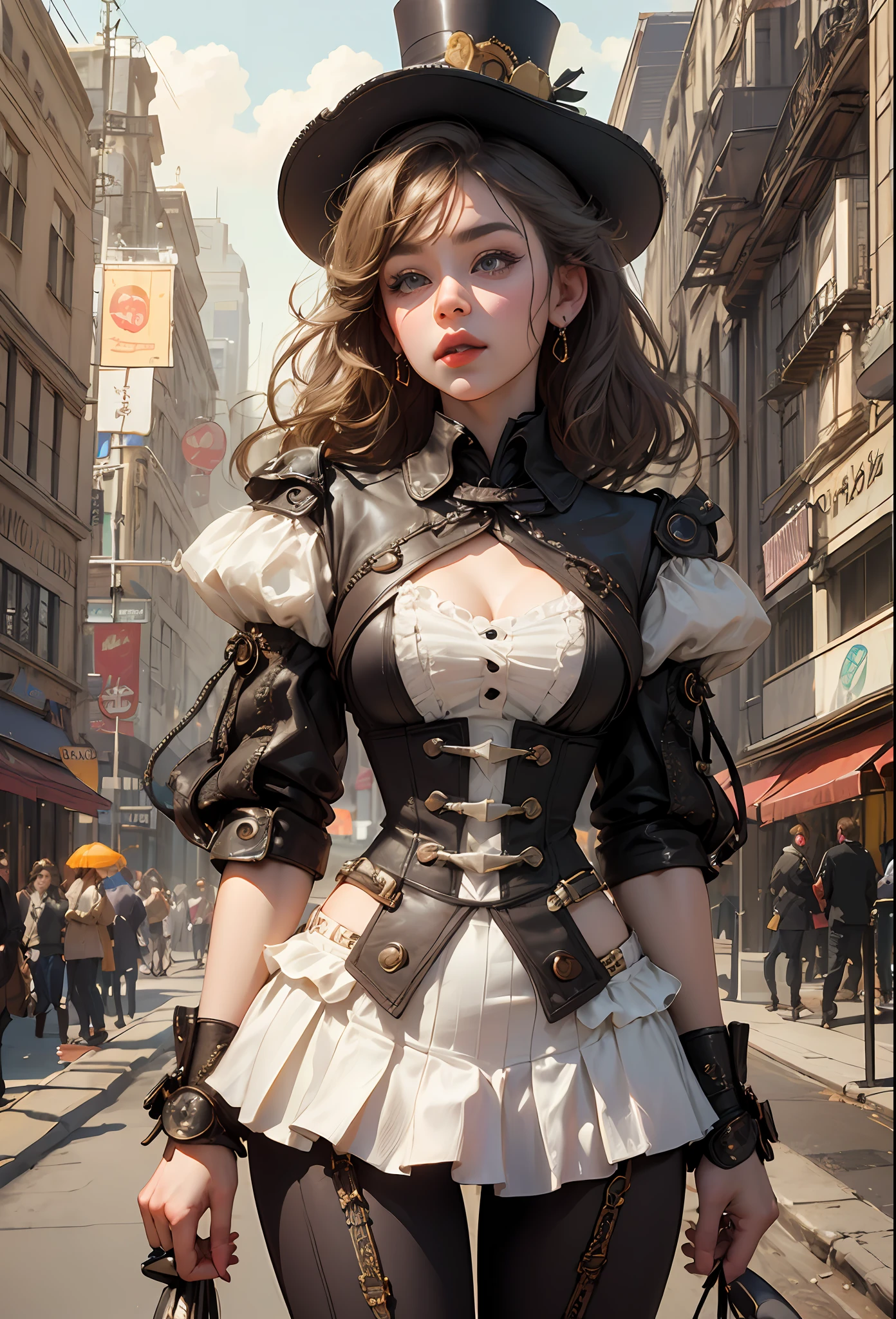 Award-winning shot of a cute steampunk Miley Cyrus wearing a stylish steampunk outfit in a New York street, victorian Age dressing, intricated steampunk top hat, cinematic, natural light