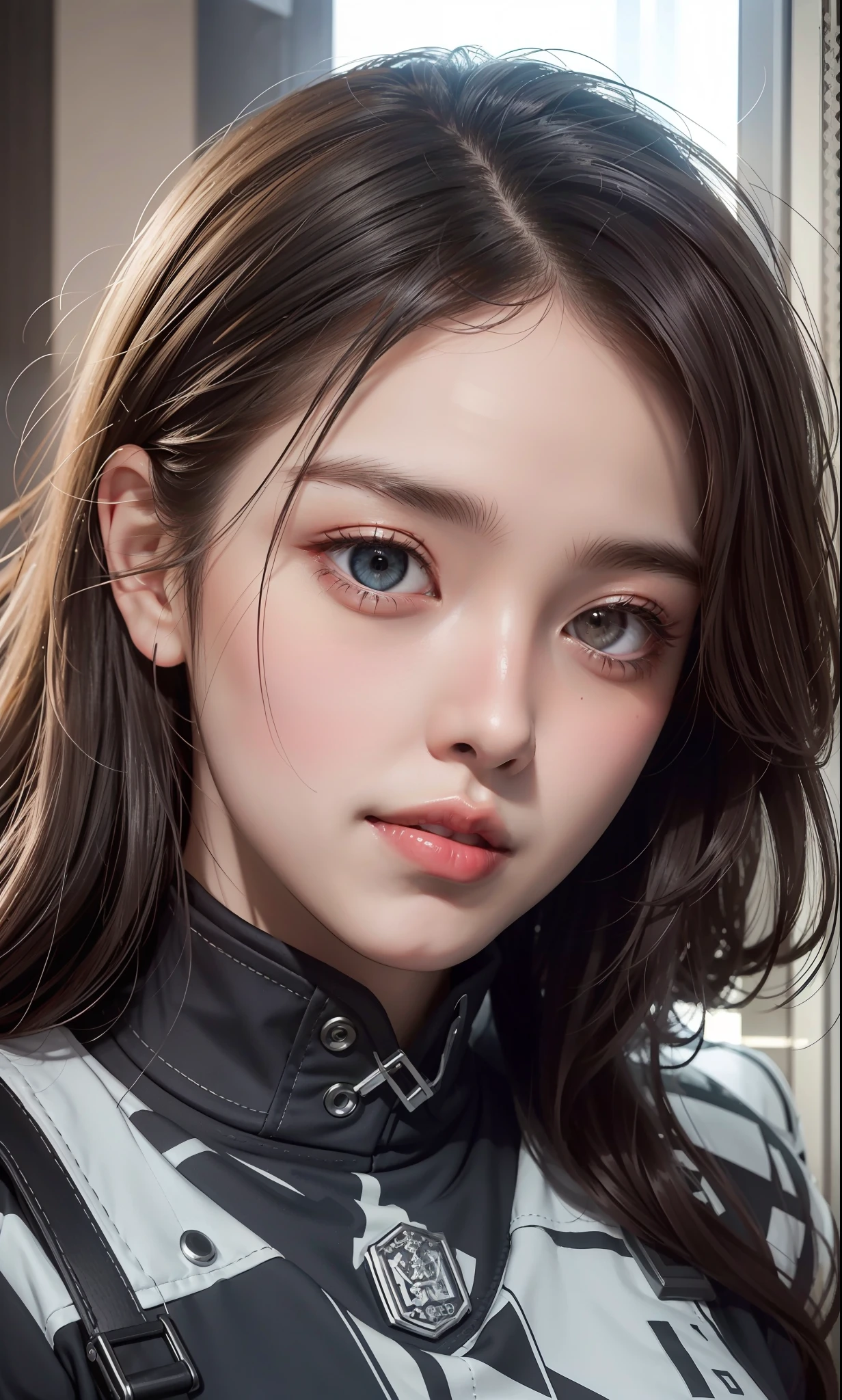 1girls：1.3）， 独奏， （（（very detailled face））），（（Very detailed eyes and face））），beautiful detail eye，Body parts__，officlal art，Unified 8k wallpaper，ultra detaild，Beautiful and beautiful，beautifull，The Masterpiece，best qulity，raw，The Masterpiece，Ultra Fine Photo，best qulity，ultra-highres，photorealistic realism，sunrays，Full Body Portraits，stunningly beautiful，HD close-up of face，dynamicpose，Exquisiteface，Vibrant eyes，（from front）， She wears a combat suit，Red and white color scheme，Women's military uniform，Very detailed abandoned warehouse background，Detailed face，detailed complex busy background，untidy，gorgeou，Opalescent，Highly detailed skin，Realistic skin details，Visible pores，Clear focus，Volumetric fog，8K  UHD，digital DSLR camera，high qulity，filmgrain，faired skin，Photo realism，lomography，A huge metropolis of the dystopia of the future， pov from below，translucency