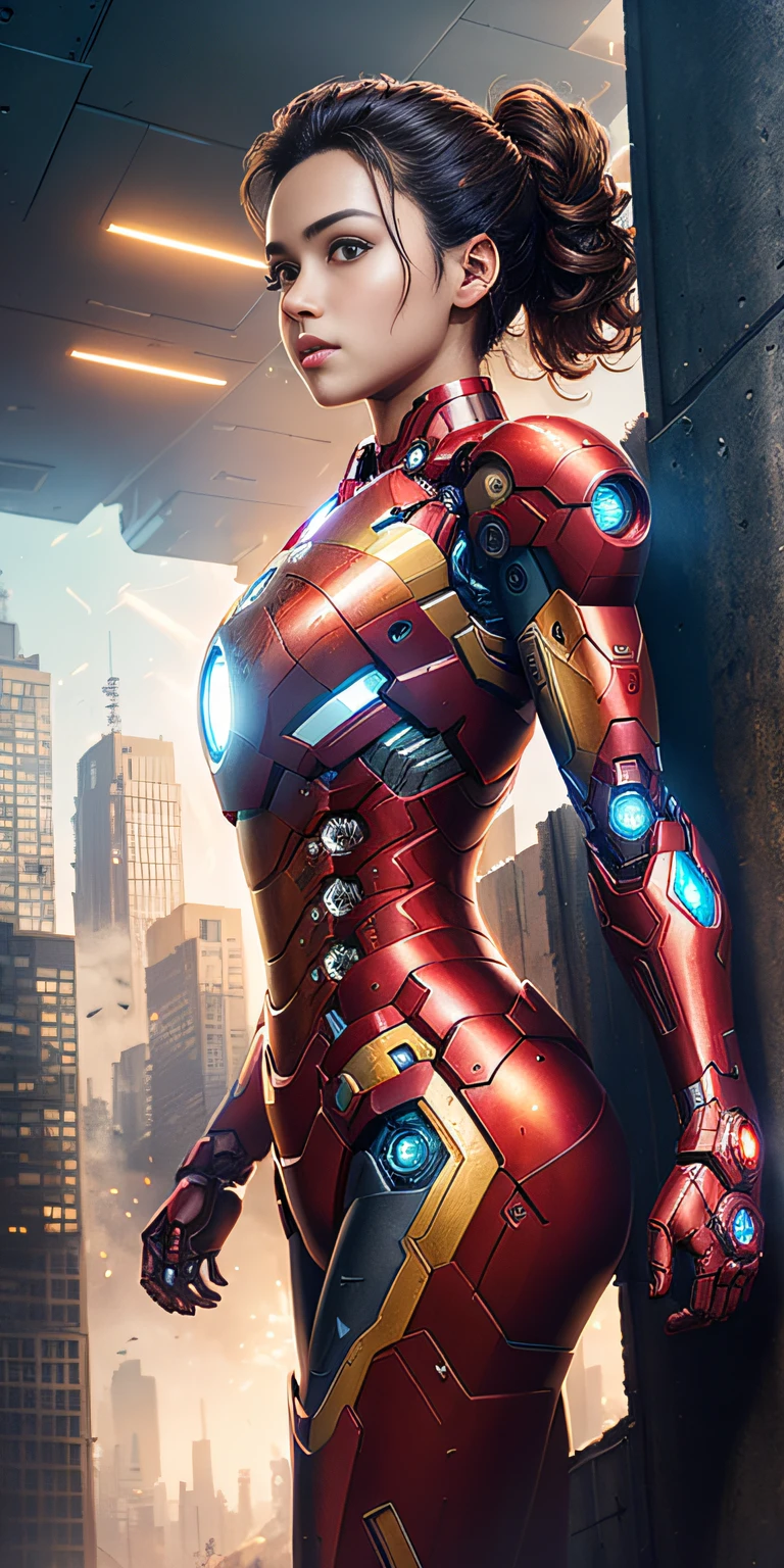 RAW, Masterpiece, Ultra Fine Photo,, Best Quality, Ultra High Resolution, Photorealistic, Sunlight, Full Body Portrait, Stunningly Beautiful,, Dynamic Poses, Delicate Face, Vibrant Eyes, (Side View) , she is wearing a futuristic Iron Man mech, very detailed background, detailed face, detailed busy background, messy, gorgeous, milky, high detailed skin, realistic skin details, visible pores, sharp focus, volume Fog, 8k uhd, dslr, high quality, film grain, fair skin, photorealism, lomography, sprawling metropolis in a futuristic dystopia, view from below, translucent
