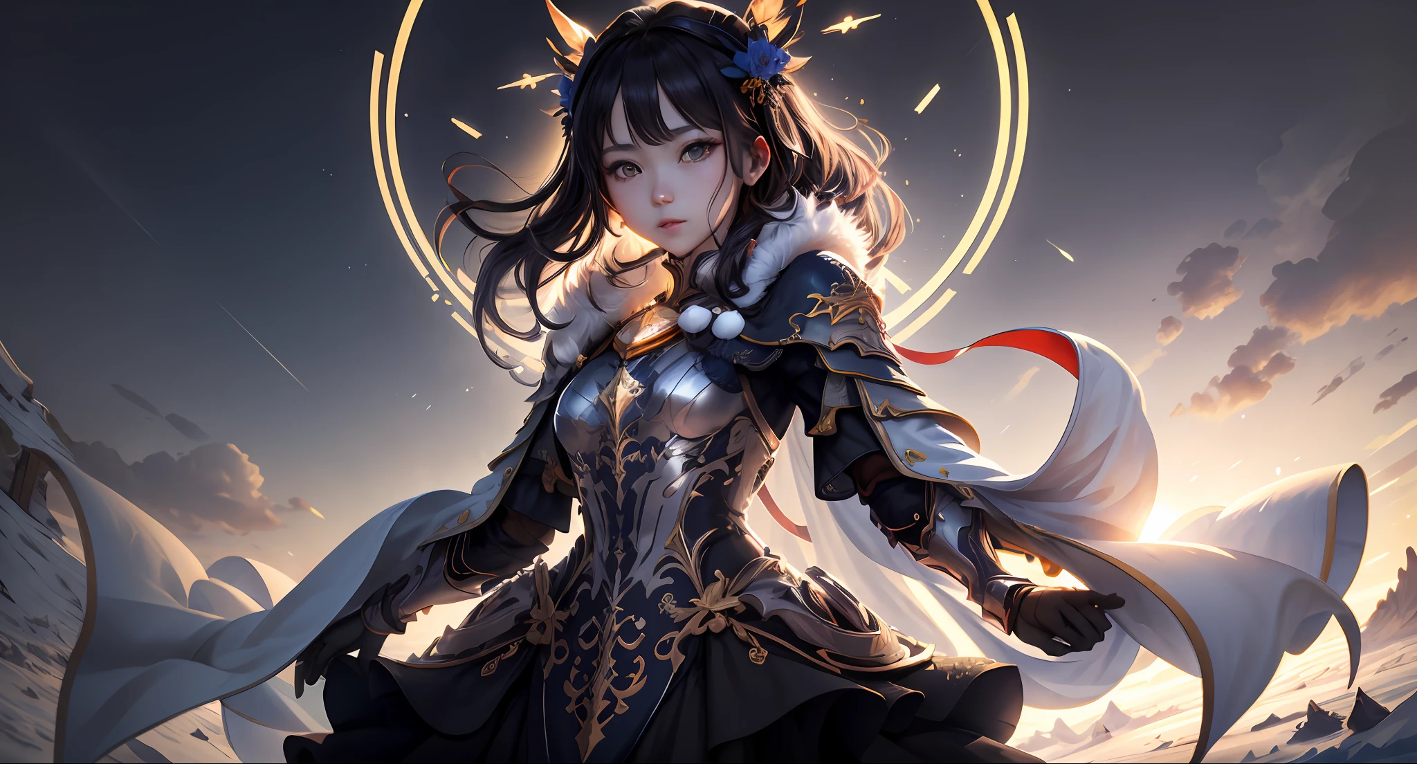 ultra detaile,high resolucion,ultra detaile,最佳质量,astonishing,top Quority,extremely detailed CG Unity 8k wallpapers,cinematic lighting,cyperpunk,Goddess of high cold,Slim body,Exquisite dresses,levitating,Icy expression,电影光感,A blue sky,Detailed white clouds,The Holy Light shines