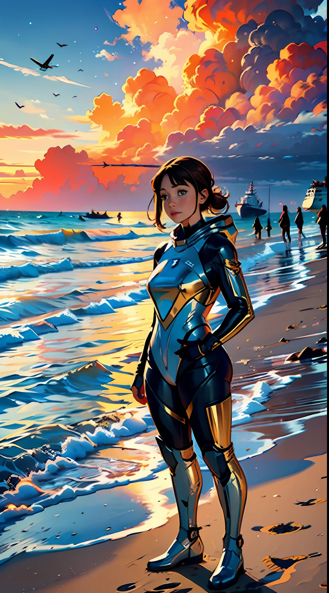 ((woman standing on the beach)), detailed anime face, mid shot, (chrome golden and blue sci-fi space suit), brown hair, (white clouds), sunset, ships far away in ocean