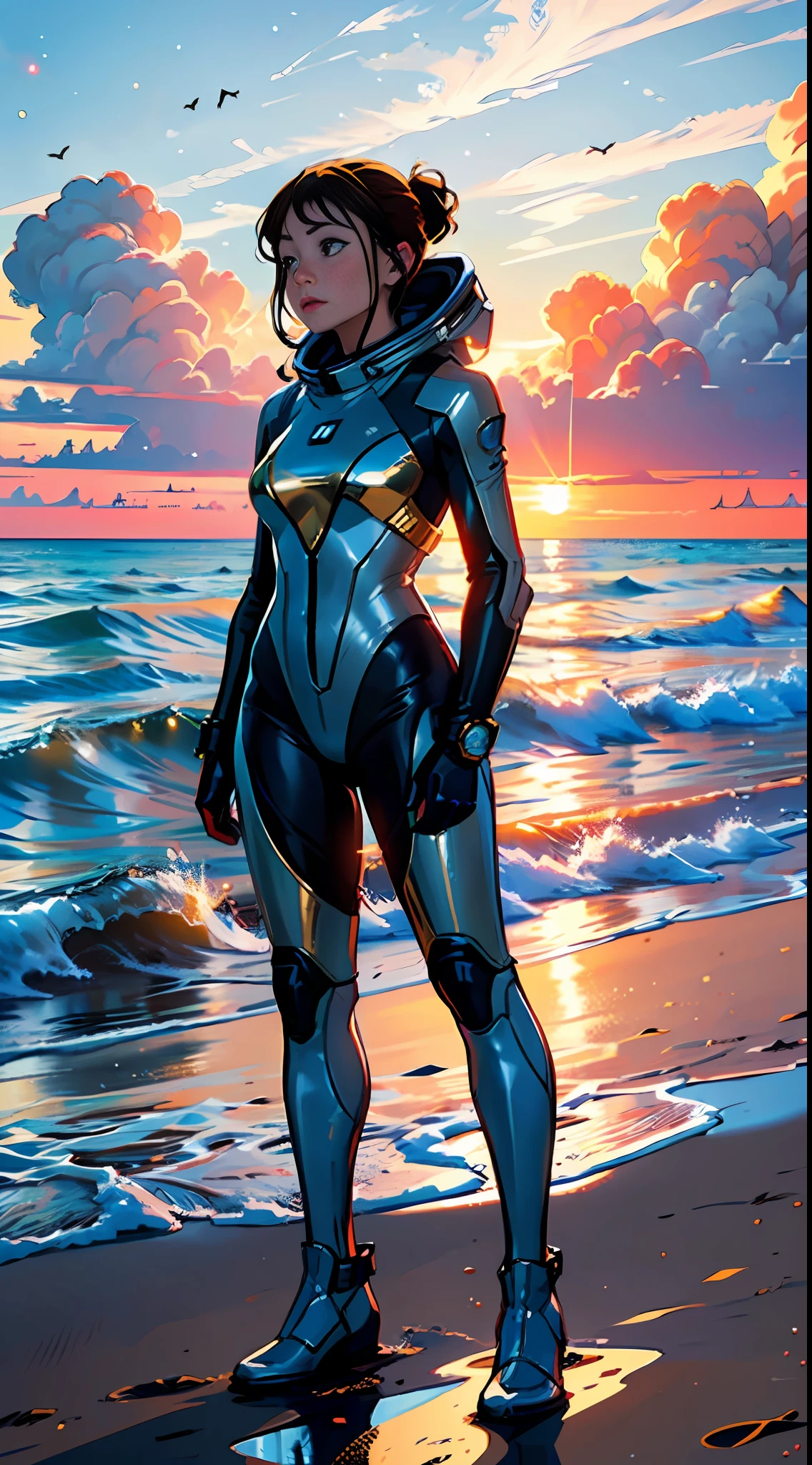 ((woman standing on the beach)), detailed anime face, mid shot, (chrome golden and blue sci-fi space suit), brown hair, (white clouds), sunset, ships far away in ocean