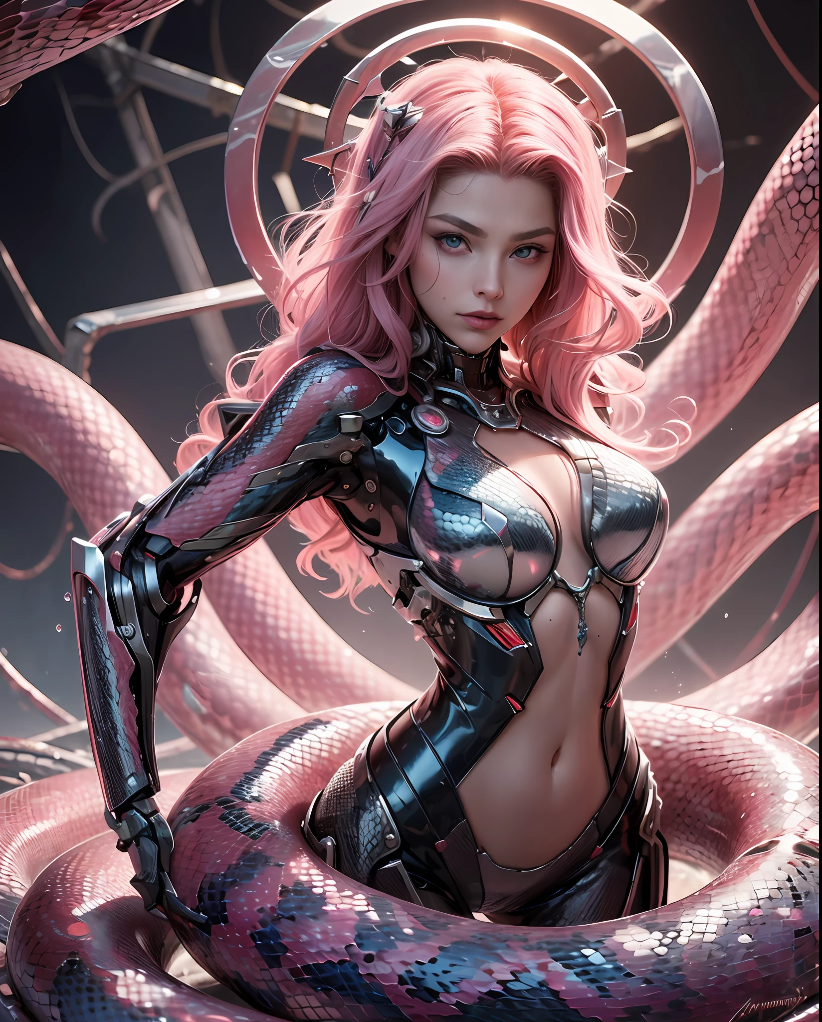 pink horns, pink scales, red pupils, looking at viewer, masterpiece, best quality, It is surrounded by viscous liquid and is lifted by snakes, medusa head, reelmech, cyborg arm, anatomic body, cyborg arms, deadlock hair, snake hair, cyber snake, snake queen, fantasy style, hair snake, methamorphosis