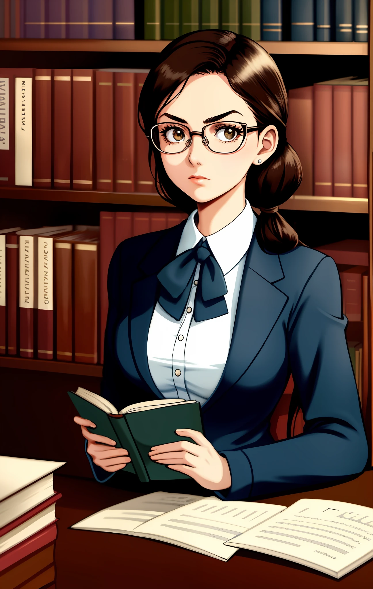 28 year old female, wearing 1940s clothing, librarian, in a library, wearing glasses, serious face, tied hair, wearing pulp