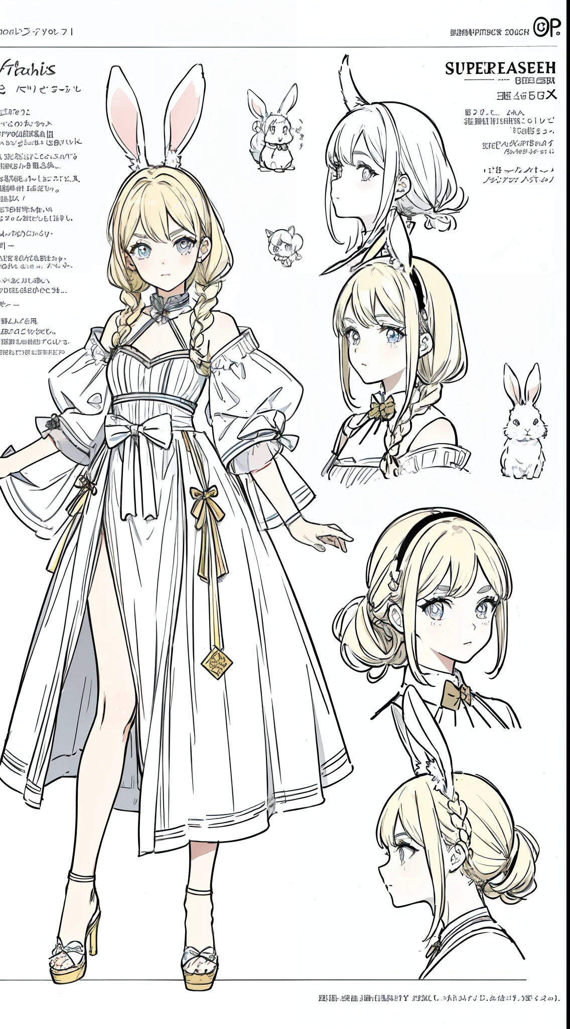 Rabbit ears, squadron, squadron costume, 80s fashion, city pop color, (character design sheet, front, back, side, same character), background is simple, pigtails, small, female brat, thick eyebrows, thin waist, beautiful blonde, braid, (masterpiece), ((highest quality)), (super detailed), girl, (beautiful eyes)), beautiful detailed eyes, clean and detailed face, five fingers, textile shading, perfect anatomy,