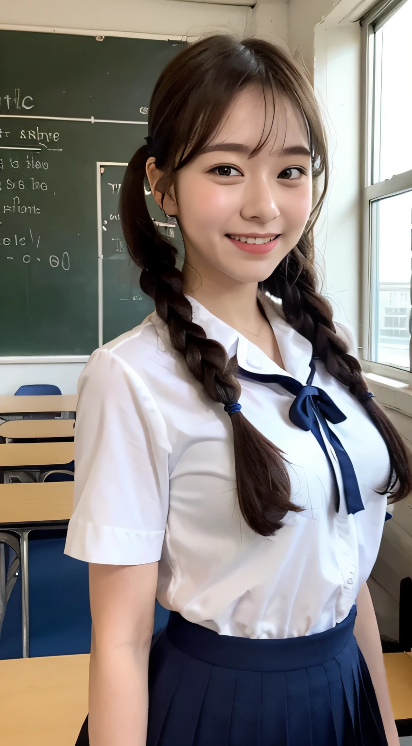 Very detailed 8k wallpaper)、sharp-focus、in detail、drama、Delicate and beautiful schoolgirl、18 yrs old、Sheer white shirt、ribbons、Dark blue pleated micro mini、light brown-hair、Smooth pigtails、hair ornament、smile on face、Peek at the viewer、Beautiful graphics、Bright school building、Full of students、School room、Show me your whole body、