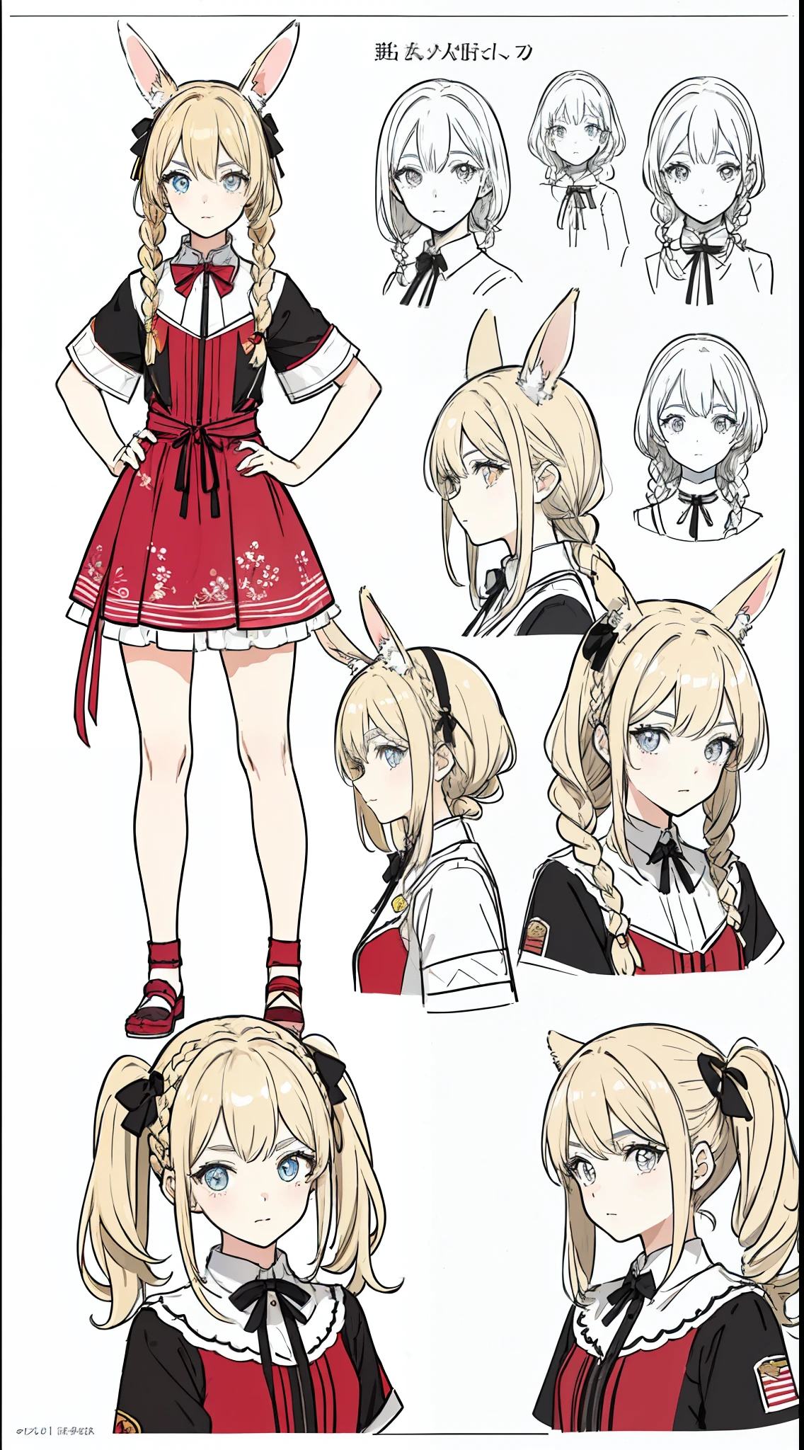 Rabbit ears, squadron, squadron costume, 80s fashion, city pop color, (character design sheet, front, back, side, same character), background is simple, pigtails, small, female brat, thick eyebrows, thin waist, beautiful blonde, braid, (masterpiece), ((highest quality)), (super detailed), girl, (beautiful eyes)), beautiful detailed eyes, clean and detailed face, five fingers, textile shading, perfect anatomy,