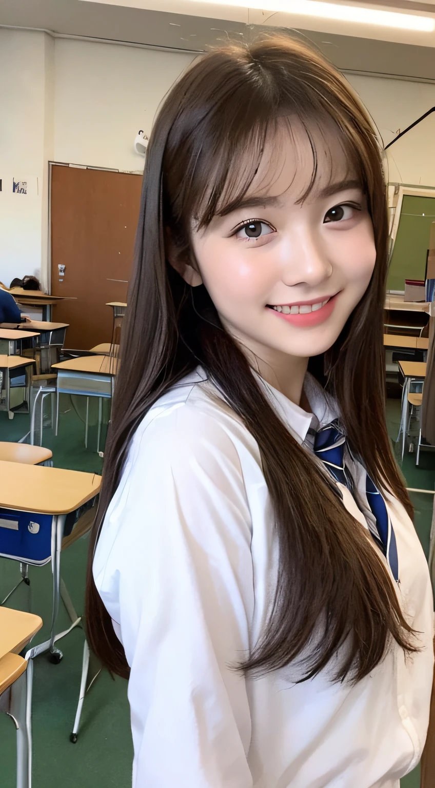 Very detailed 8k wallpaper)、sharp-focus、in detail、drama、Delicate and beautiful schoolgirl、18 yrs old、Sheer white shirt、ribbons、Dark blue pleated micro mini、light brown-hair、Smooth pigtails、hair ornament、smile on face、Peek at the viewer、Beautiful graphics、Bright school building、Full of students、School room、Show me your whole body、