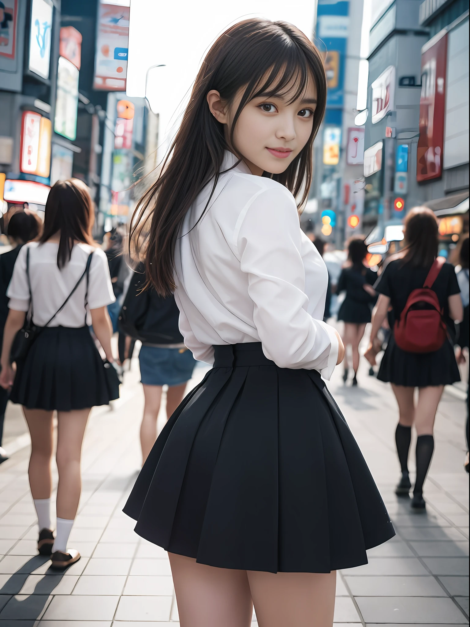 Ultra top quality, masterpiece, ultra high resolution, (photorealistic: 1.4), highly detailed CG Unity 8k wallpaper, detailed and complex, incredibly absurd, original, high resolution, raw photo, (perfect body shape), finely complex, dslr, soft lighting, high quality, film grain, depth of field, background blur, Leica camera, 50mm lens, backlight, HDR, hyperrealistic, color grade, dynamic pose, portrait, Japan, smile, lips, bangs, (crowded akihabara: 1.2), front view viewer, natural light, girl, 20 years old, full-body, solo, student, high school, uniform, cute schoolgirl, bobby socks, skirt, daytime, on the street, deep shadow, cute, beauty, discreet, cold light 12000k\Street, store stateAkihabara, Shinjuku, Shibuya, Ikebukuro, detailed realism, skin texture, ultra-detailed, realistic skin texture, (dramatic, award-winning photos, incredible masterpieces: 1.3)