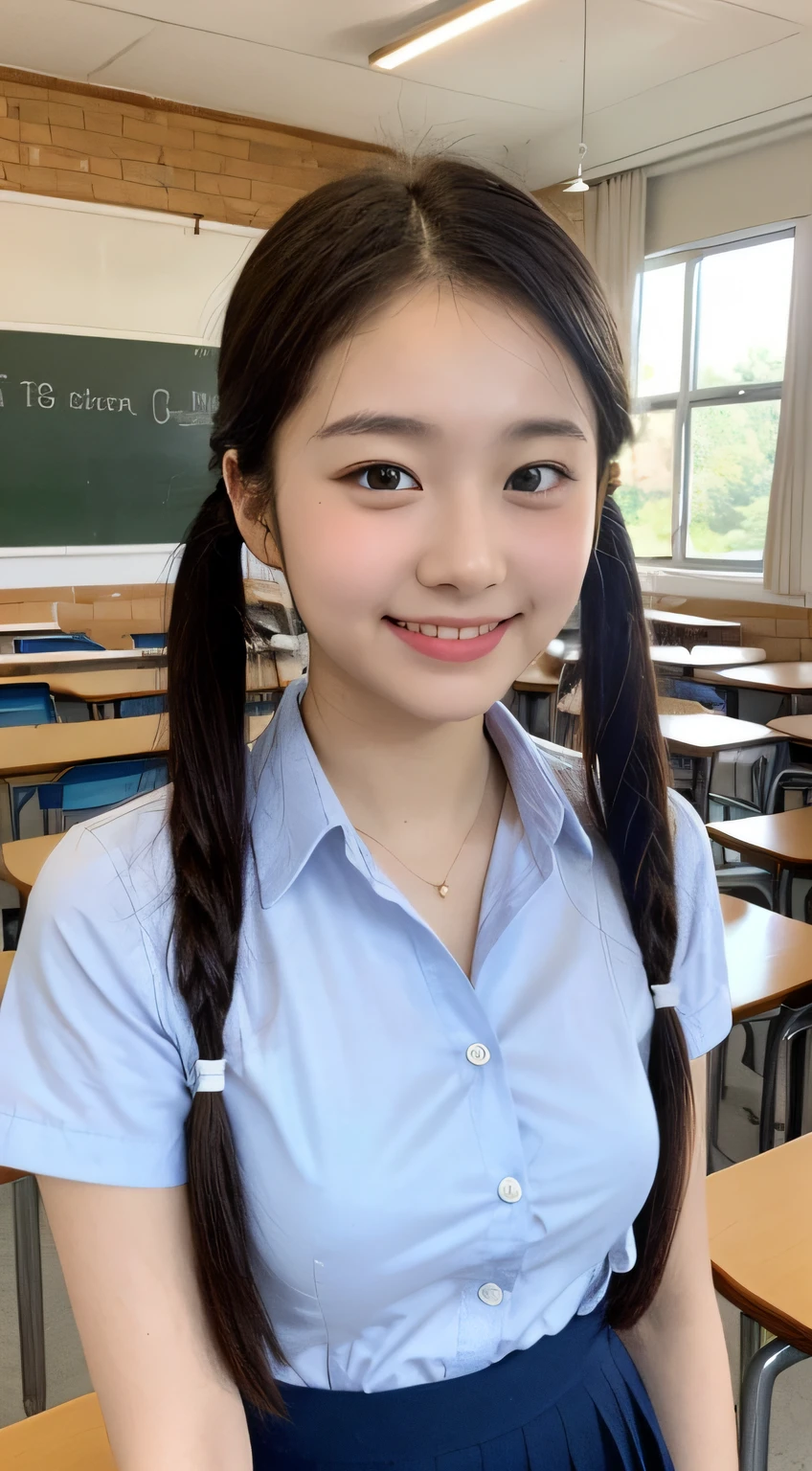 Very detailed 8k wallpaper)、sharp-focus、in detail、drama、Delicate and beautiful schoolgirl、18 yrs old、Sheer white shirt、ribbons、Dark blue pleated micro mini、light brown-hair、Smooth pigtails、hair ornament、smile on face、Peek at the viewer、Beautiful graphics、Bright school building、Full of students、School room、Show me your whole body、