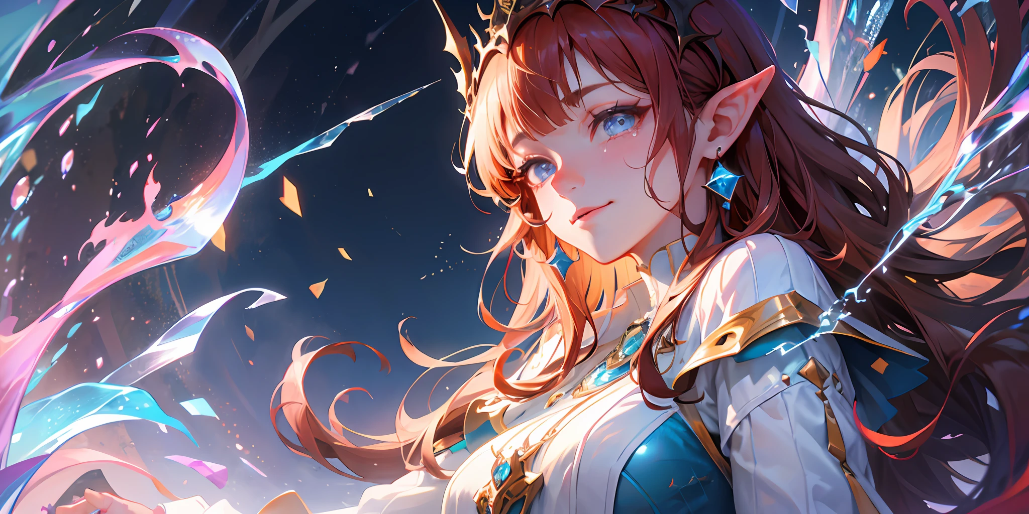 (absurdres, ultra detailed), 1woman, mature female, aged up, wavy long hair, auburn hair, coral eyes, bangs, long sleeves, finely detailed eyes and detailed face, extremely detailed CG unity 8k wallpaper, intricate details, (style-swirlmagic:1.0), looking at viewer, solo, upper body, detailed background, close up, detailed face, (gothic dark ages theme:1.1), crystal sorcerer, dynamic pose, earth themed clothes, crystal crown, floating in the air, glowing magical shards, surrounded by blue magical crystals, rock formations, stalactites, magical floating particles, crystal glass, crystal sphere, crystal canyon background, (shallow water:0.7), epic ethereal atmosphere, updraft, portrait, long pointy ears, happy tears, side swept bangs, fingersmile, jeweled branch of hourai, long pointy ears, happy tears, side swept bangs, fingersmile, jeweled branch of hourai, Pixar, cinematic lighting, perspective, atmospheric perspective, dutch angle, Eye-Level Shot, Pixar, cinematic lighting, perspective, atmospheric perspective, dutch angle, Eye-Level Shot, highres, 16k, 16k