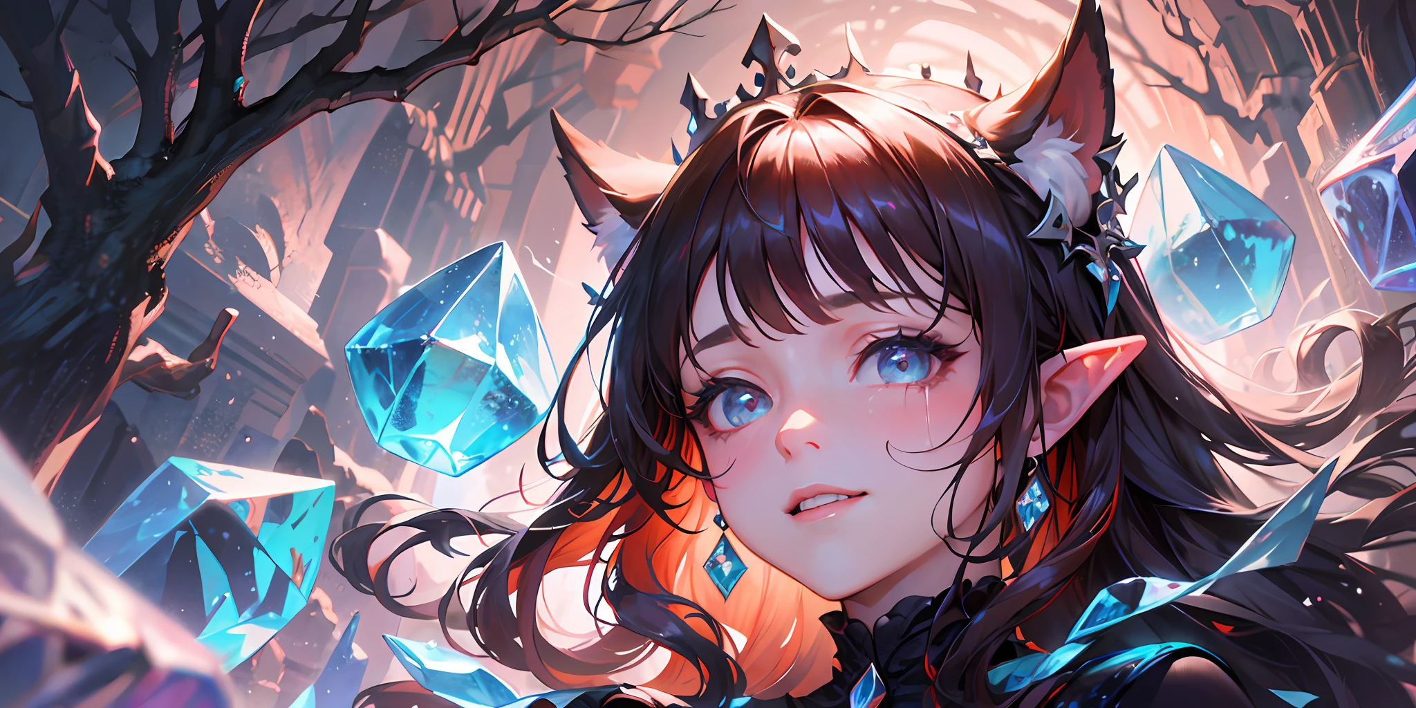 (absurdres, ultra detailed), 1woman, mature female, aged up, wavy long hair, auburn hair, coral eyes, bangs, long sleeves, finely detailed eyes and detailed face, extremely detailed CG unity 8k wallpaper, intricate details, (style-swirlmagic:1.0), looking at viewer, solo, upper body, detailed background, close up, detailed face, (gothic dark ages theme:1.1), crystal sorcerer, dynamic pose, earth themed clothes, crystal crown, floating in the air, glowing magical shards, surrounded by blue magical crystals, rock formations, stalactites, magical floating particles, crystal glass, crystal sphere, crystal canyon background, (shallow water:0.7), epic ethereal atmosphere, updraft, portrait, long pointy ears, happy tears, side swept bangs, fingersmile, jeweled branch of hourai, long pointy ears, happy tears, side swept bangs, fingersmile, jeweled branch of hourai, Pixar, cinematic lighting, perspective, atmospheric perspective, dutch angle, Eye-Level Shot, Pixar, cinematic lighting, perspective, atmospheric perspective, dutch angle, Eye-Level Shot, highres, 16k, 16k