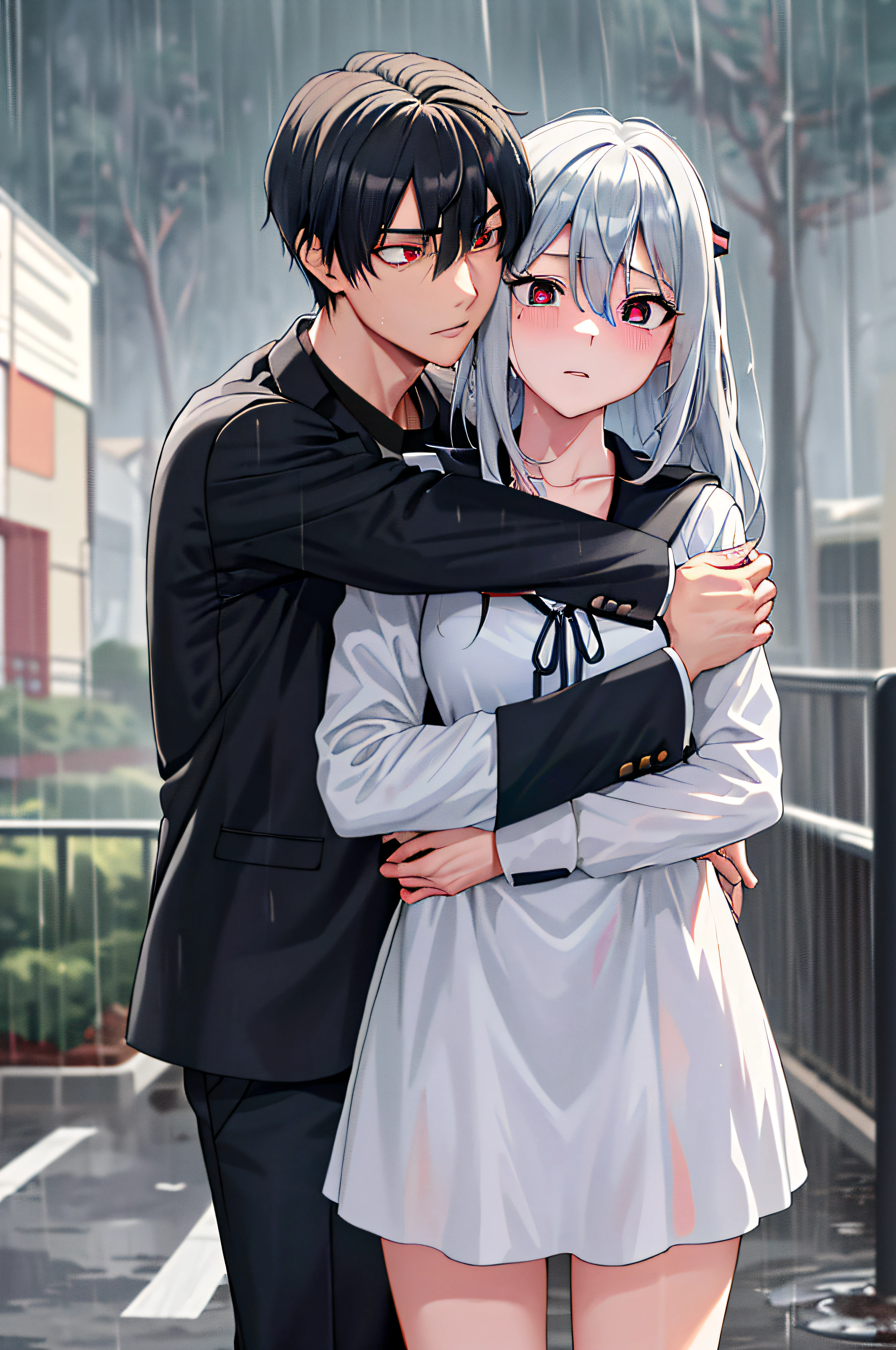 (masterpiece), (best quality), highres, ((((1girl she has gray hair with blue eyes and 1boy he has short black hair with red eyes who are classmates))))), ((((They have different hair colors and eyes do not confuse)))), (draws Kei and kiyotaka ayanokoji looking at each other), (2schoolmates who are Kei and kiyotaka ayanokoji looking at each other), (kei1), (1girl), solo, ((((she has blue eyes)))), (she has long hair), (she wears a school uniform), (she has ribbon), (she has bangs), collarbone, she has gray hair, she has black hair band, she has neck ribbon, hair between her eyes, she has medium breasts, cowboy shot, she is looking seriously at kiyotaka ayanokoji, anatomically correct whole body, is standing in the street with rain falling, this with a sad and worried face, full stubborn detached, (1boy), (kiyotaka ayanokoji), 15 year old, school uniform white shirt black jacket open jacket red tie long black pants sitting, (((((he has red eyes))))), ((he has short black hair)), whole body anatomically correct, he has a necklace of jesus around his neck, normal legs, wears black shoes, (he's looking at Kei1 or the girl), ((he's in front of kei wanting to give her his black jacket so she doesn't get wet so much)) , is facing Kei, (emotional scene), (mysterious), (detailed full escenario), (((((They're soaking with a lot of passion and hugging))))), ((((They're being wet by the rain along with their clothes)))), ((Their bodies are anatomically correct and detailed without error))