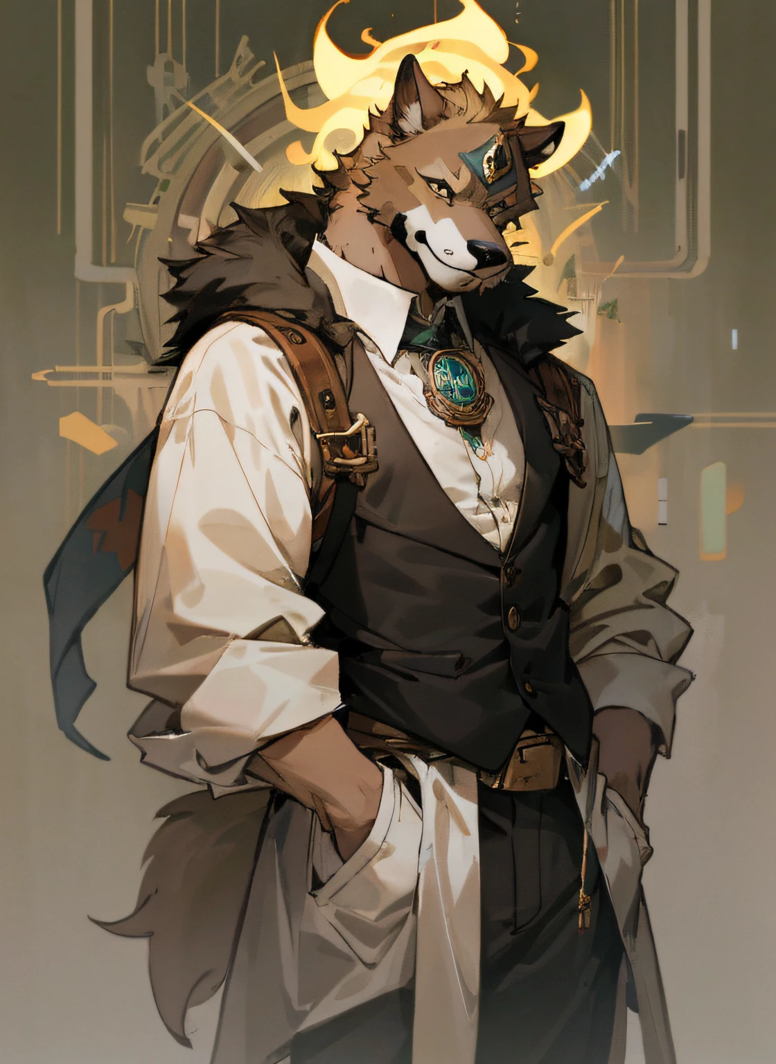 steam-punk、man with a dog face, Dog, light brown fur, caramel, drooping ears, closed expression,watch、Clockwork、 dark blonde, Full body, wearing tank top, skin detailes, man with a dog mask on his head, brown fur, caramel, drooping ears, closed expression,  trend in deviantart, furry art, furry chest,  furry fursona, furry character, Furry body, furry neck a、Sherlock Holmes