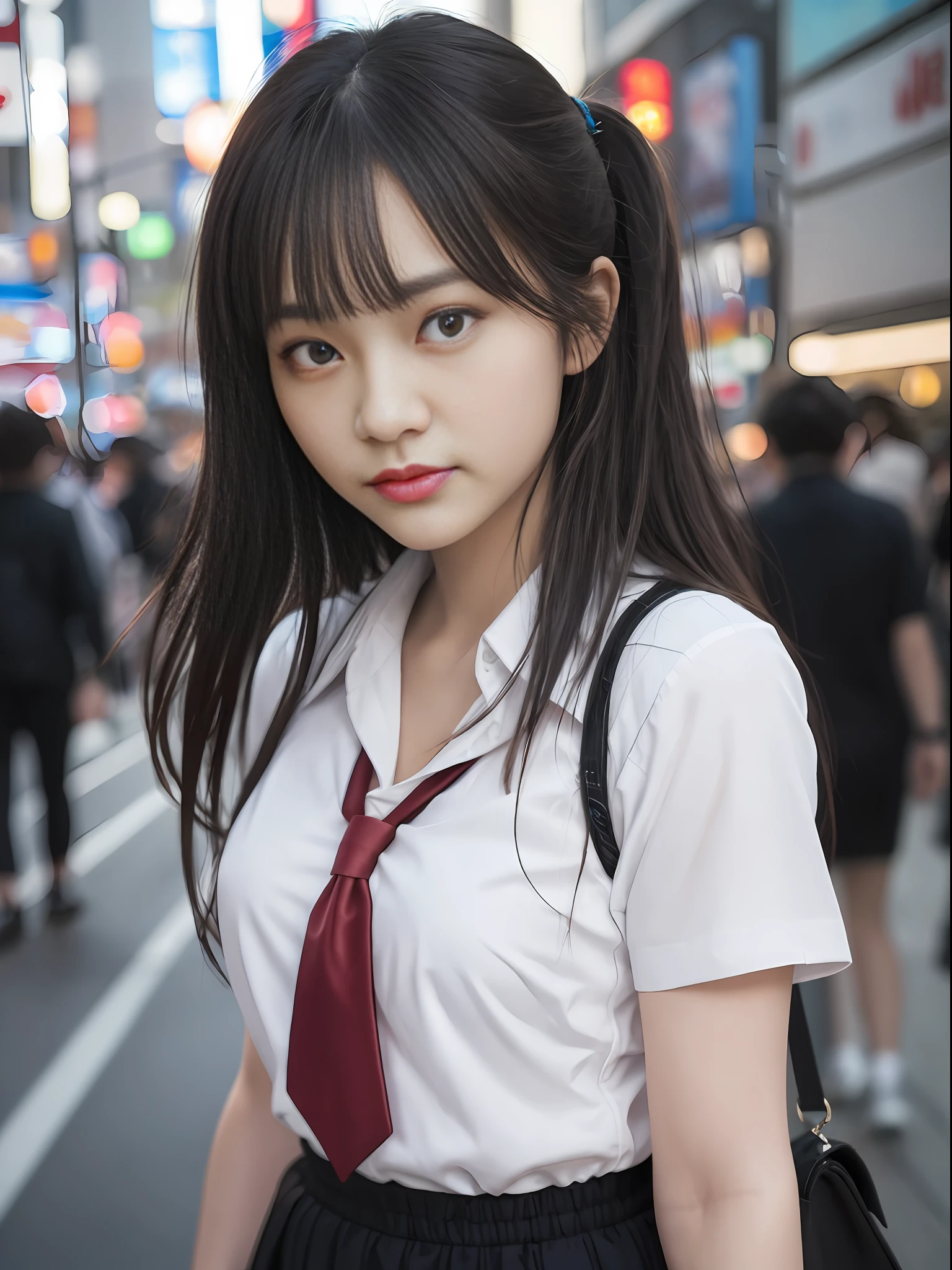 Ultra top quality, masterpiece, ultra high resolution, (photorealistic: 1.4), highly detailed CG Unity 8k wallpaper, detailed and complex, incredibly absurd, original, high resolution, raw photo, (perfect body shape), finely complex, dslr, soft lighting, high quality, film grain, depth of field, background blur, Leica camera, 50mm lens, backlight, HDR, hyperrealistic, color grade, dynamic pose, portrait, Japan, smile, lips, bangs, (crowded akihabara: 1.2), front view viewer, natural light, girl, 20 years old, full-body, solo, student, high school, uniform, cute schoolgirl, bobby socks, skirt, daytime, on the street, deep shadow, cute, beauty, discreet, cold light 12000k\Street, store stateAkihabara, Shinjuku, Shibuya, Ikebukuro, detailed realism, skin texture, ultra-detailed, realistic skin texture, (dramatic, award-winning photos, incredible masterpieces: 1.3)